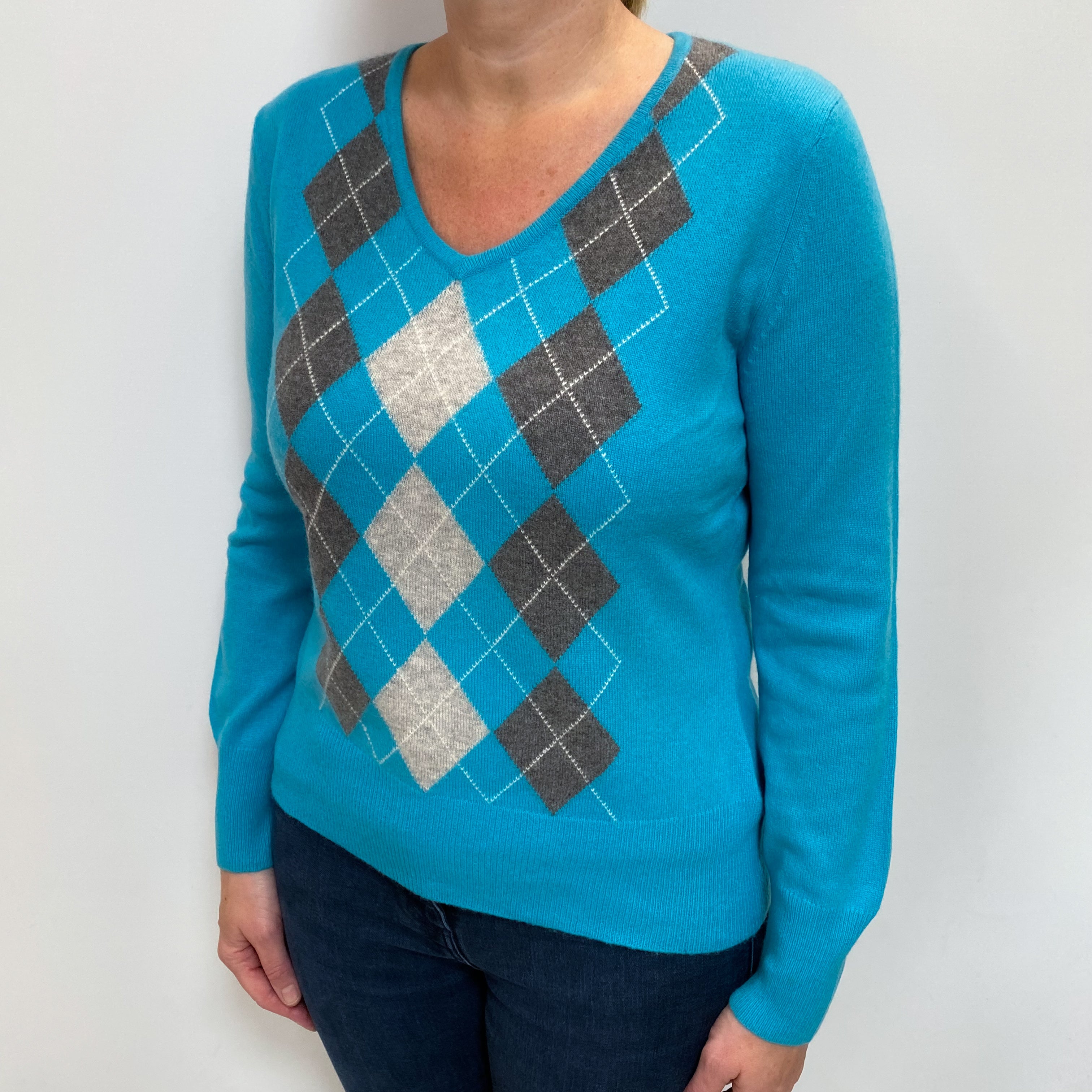 Aqua Marine Blue Argyle Cashmere V Neck Jumper Large