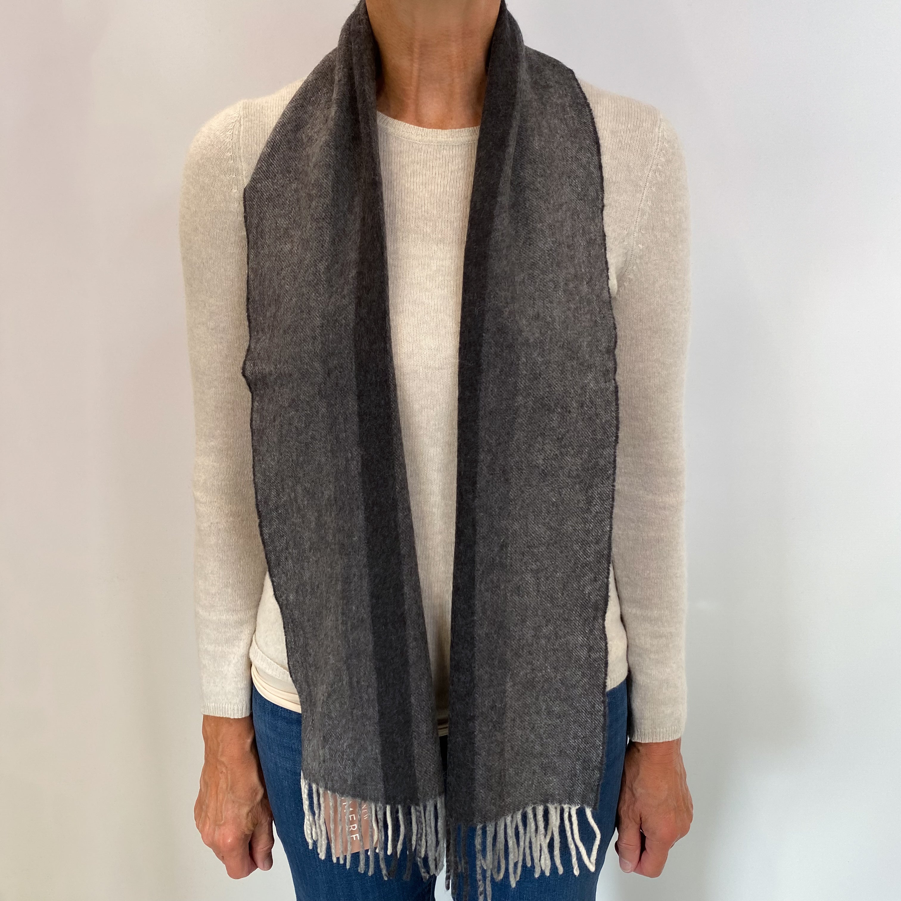 Slate Grey and Cream Fringed Cashmere Woven Scarf