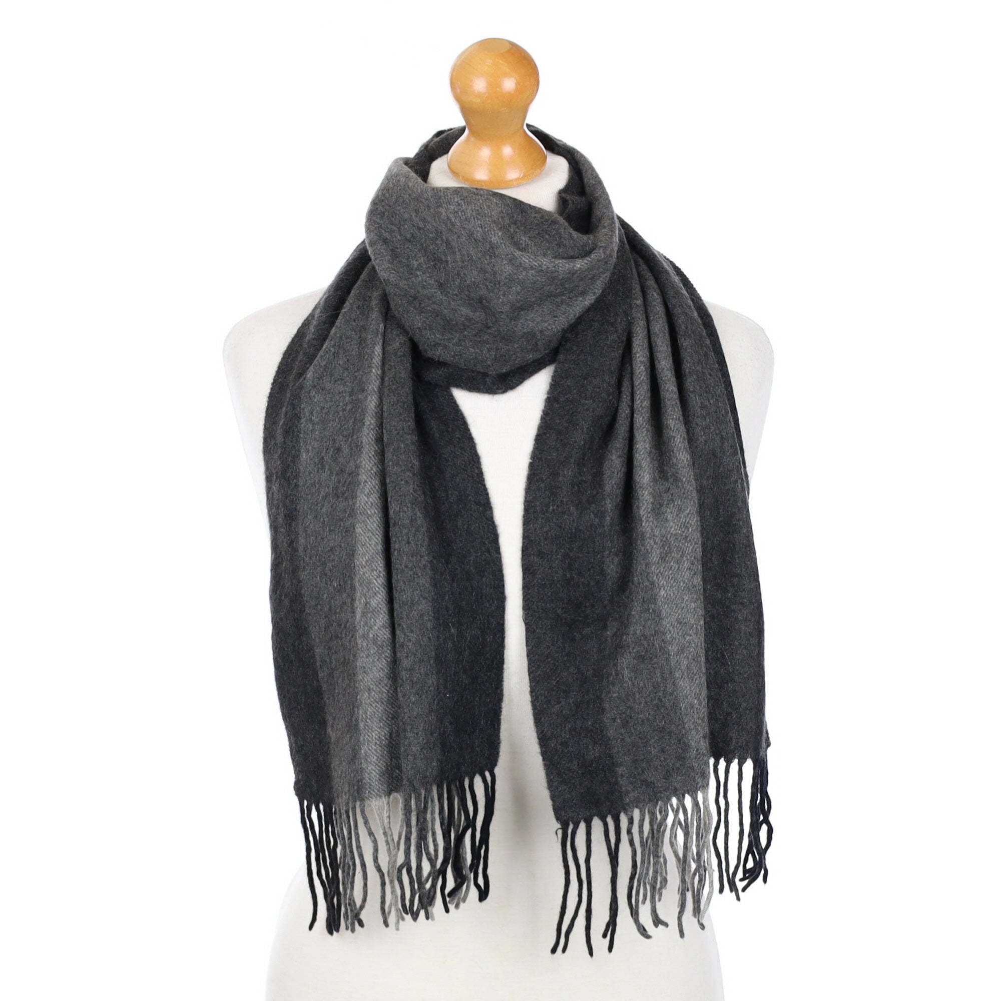 Grey Striped Fringed Cashmere Woven Scarf