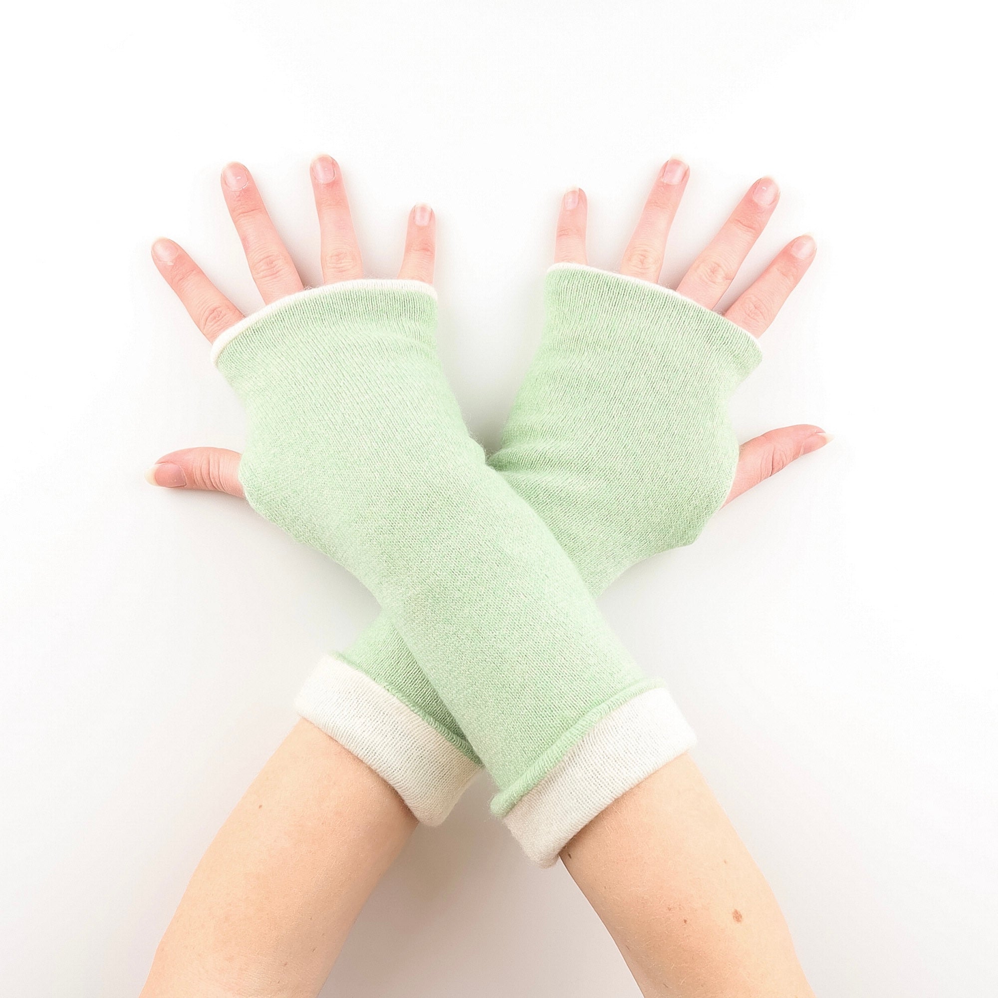 Hellebore Green and Cream Reversible Cashmere Fingerless Gloves