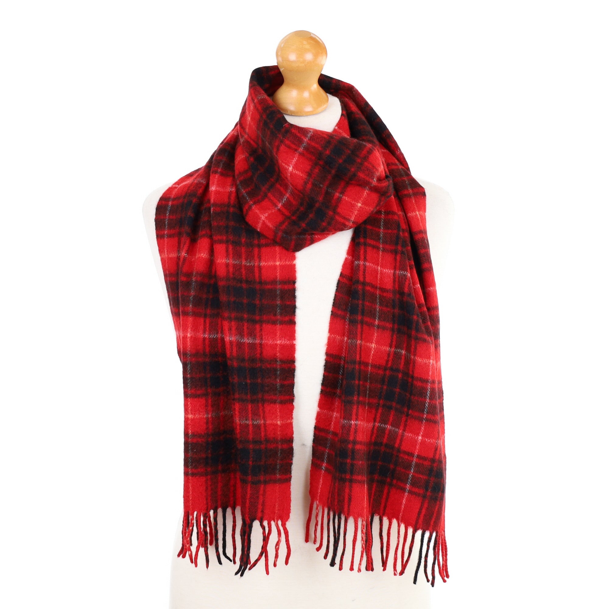 Red and Black Checked Fringed Cashmere Woven Scarf