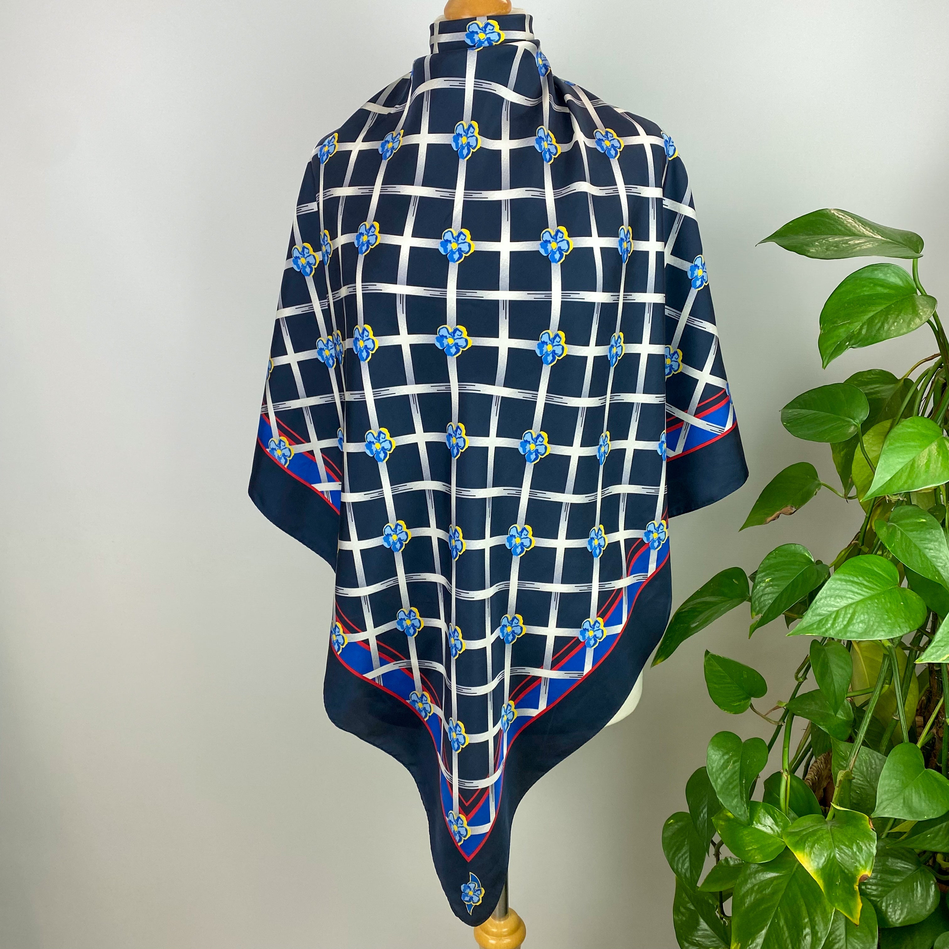 Navy Blue Checked Silk Scarf