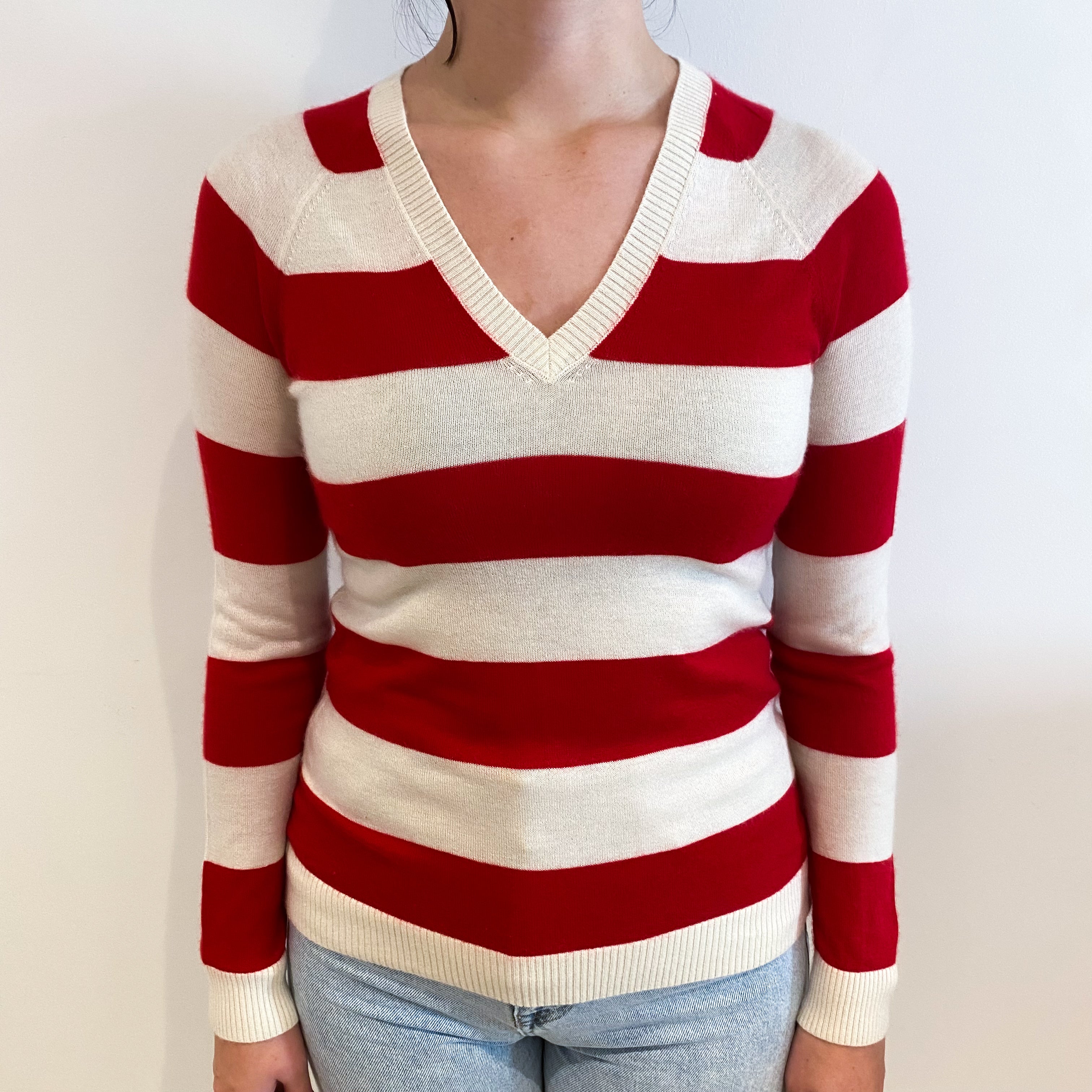 Ivory and Red Stripe Cashmere V-Neck Jumper Small