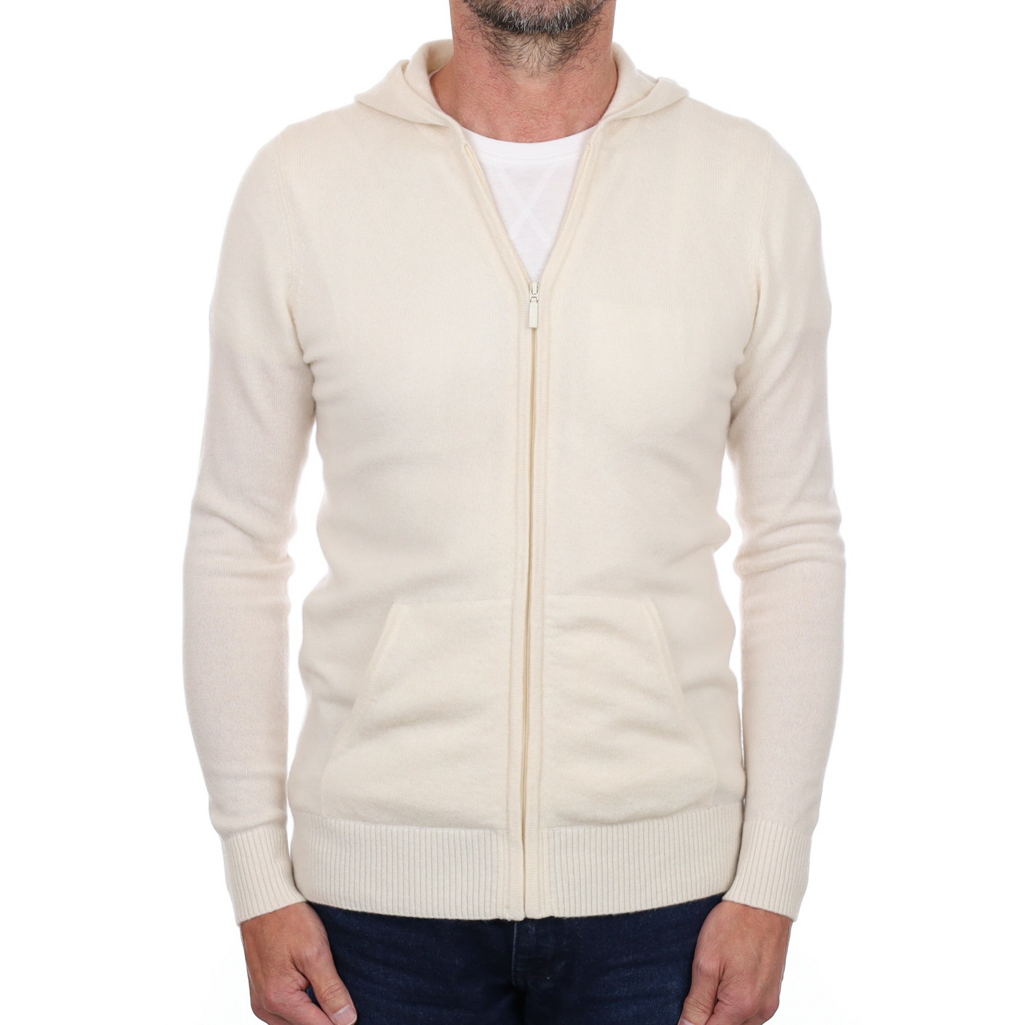 Men’s Cream Cashmere Zip Up Hoodie Jumper Small