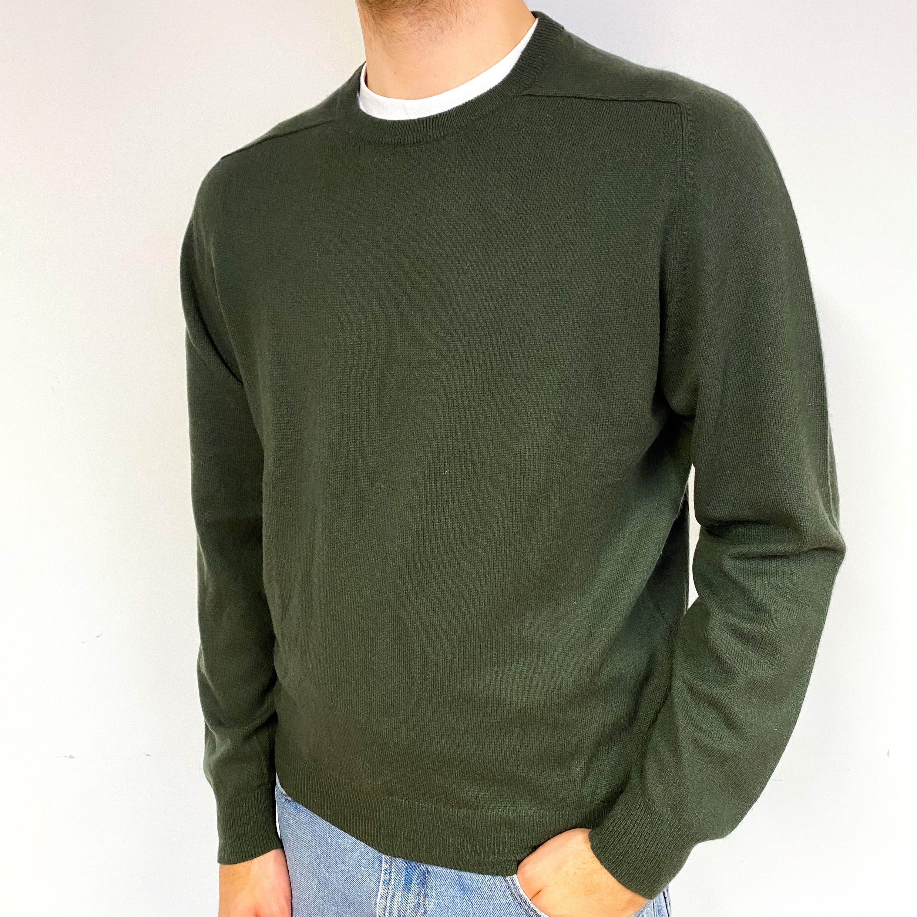 Men's Seaweed Green Cashmere Crew Neck Jumper Large