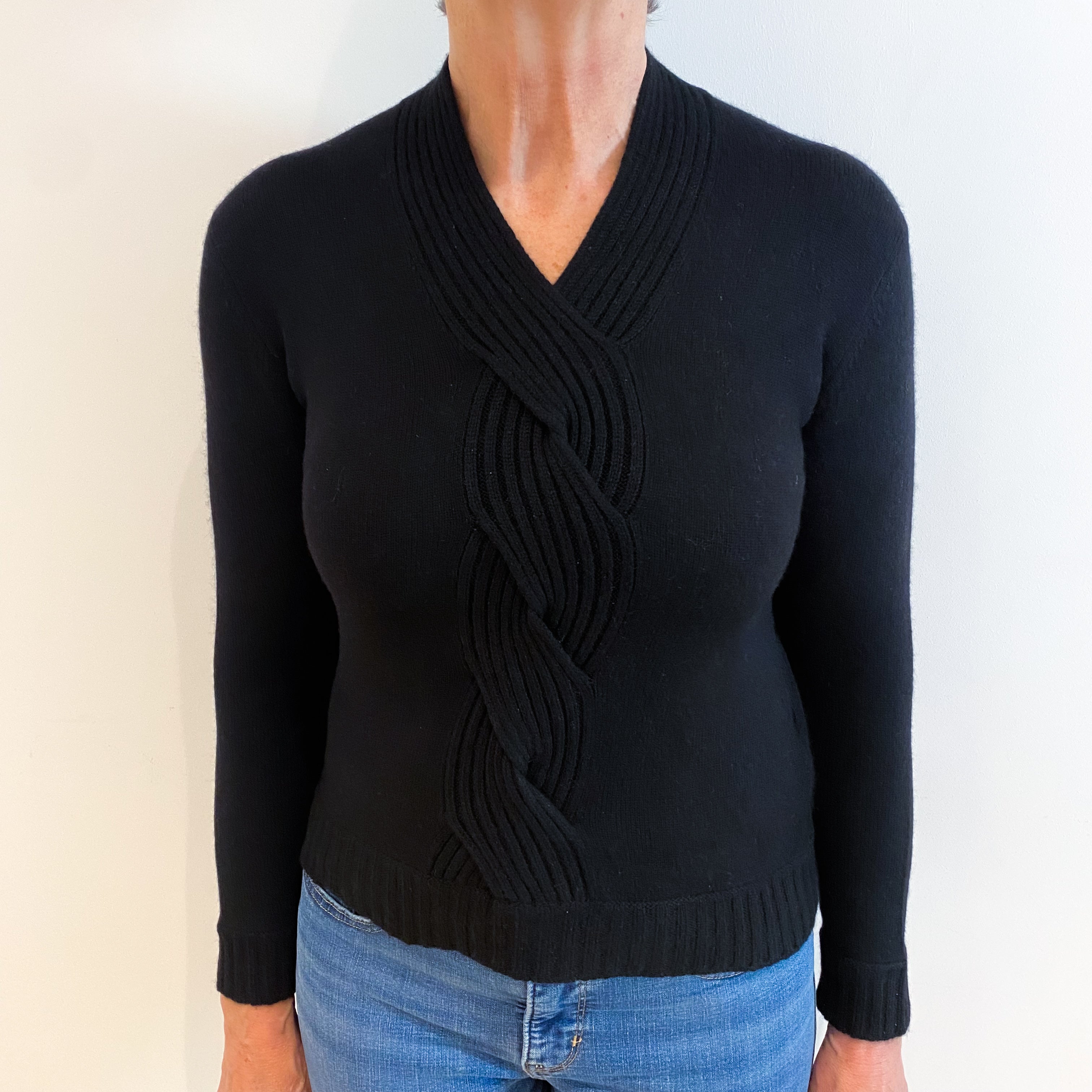 Black Cable Front Cashmere V Neck Jumper Medium