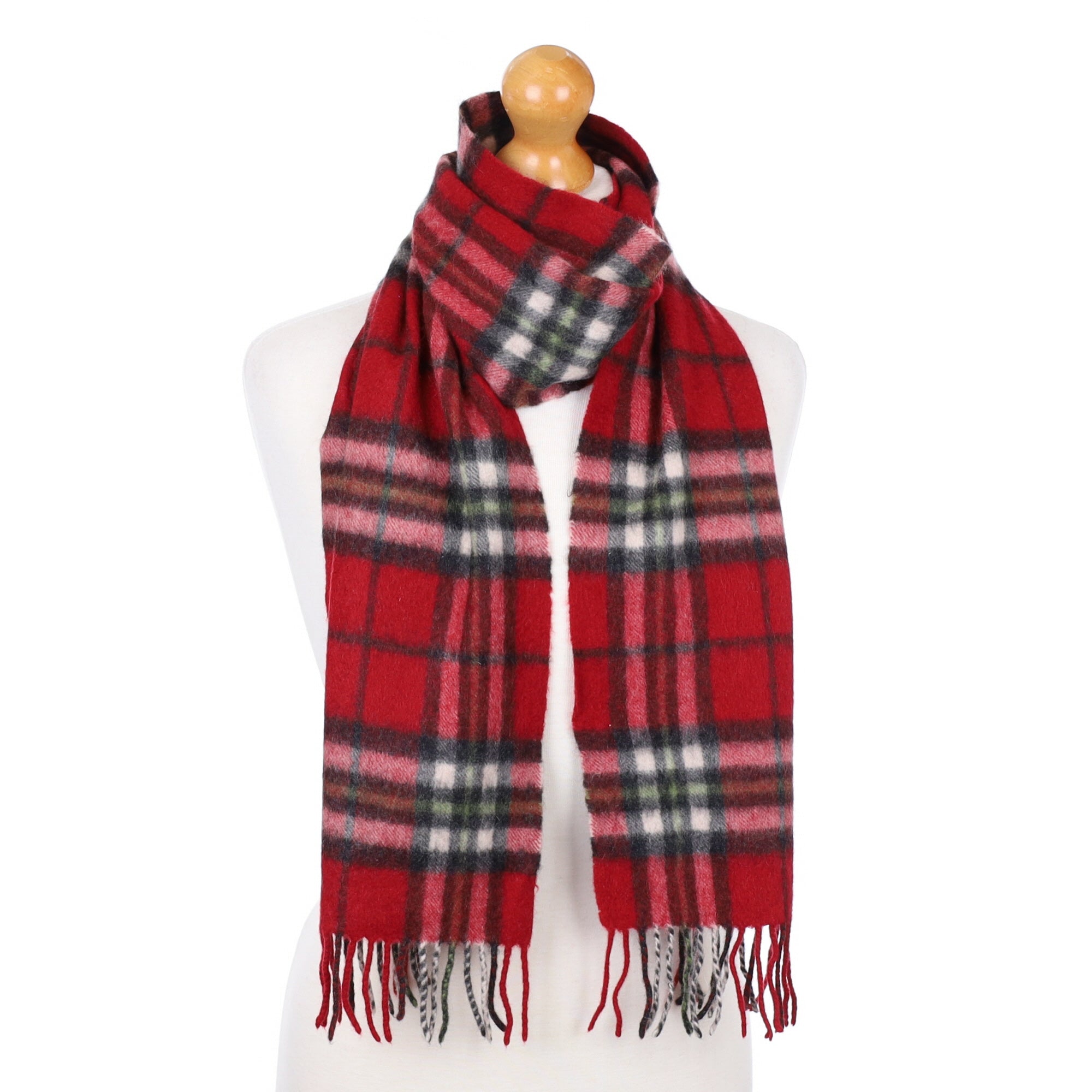 Crimson Red Checked Fringed Cashmere Woven Scarf