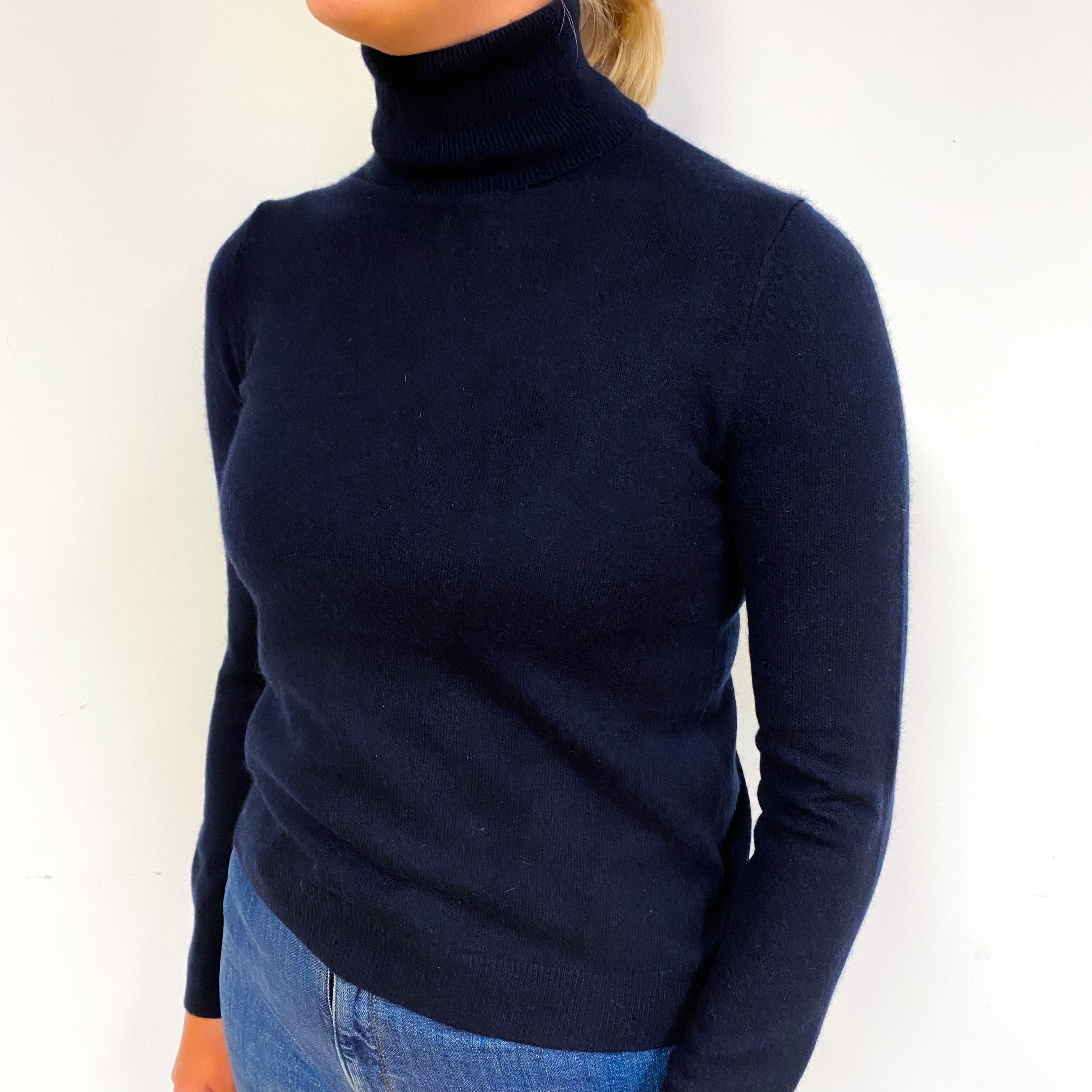 Dark Navy Blue Cashmere Polo Neck Jumper Small