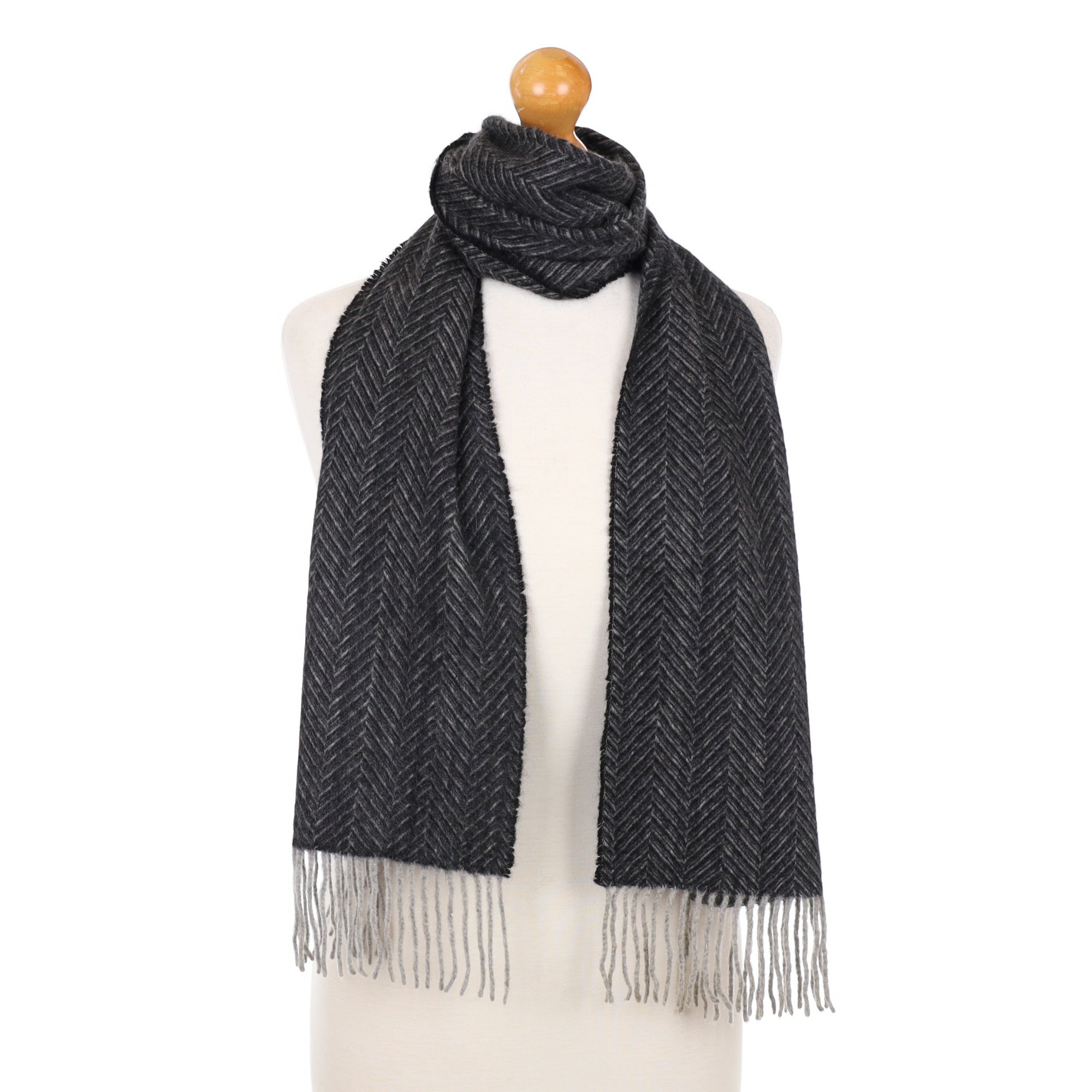 Grey and Black Herringbone Cashmere Fringed Woven Scarf