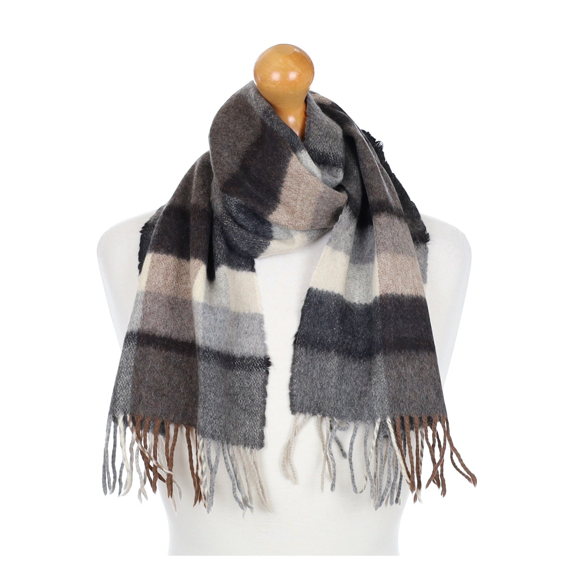 Grey and Brown Checked Fringed Cashmere Woven Scarf