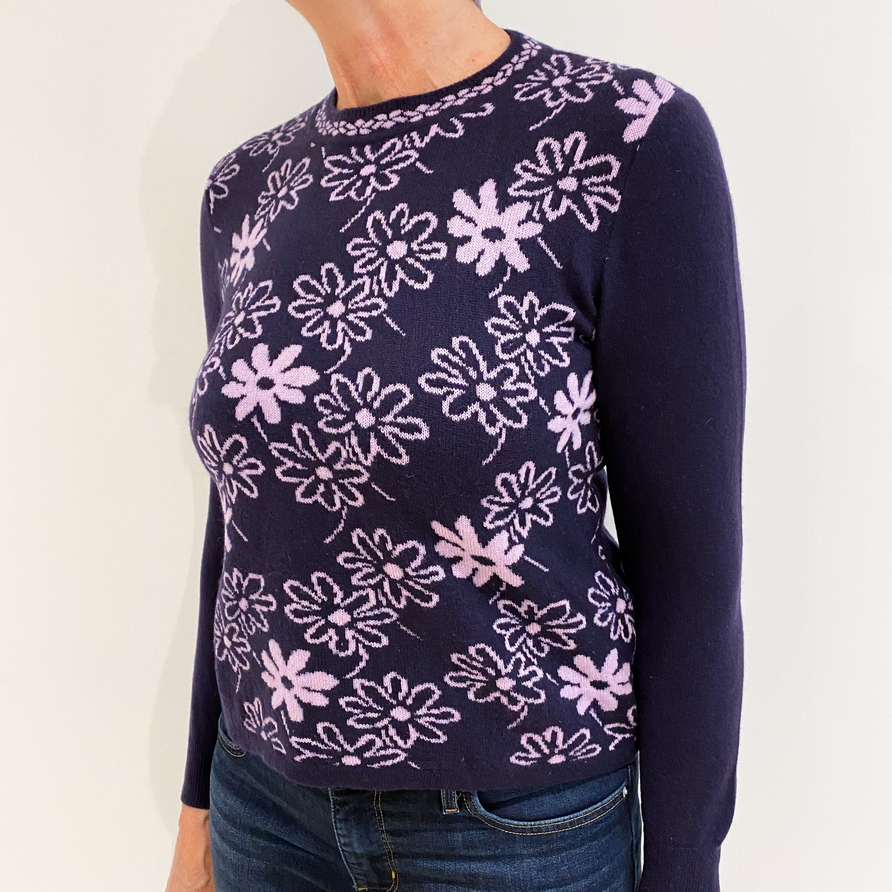 Deep Purple Lilac Floral Cashmere Crew Neck Jumper Medium