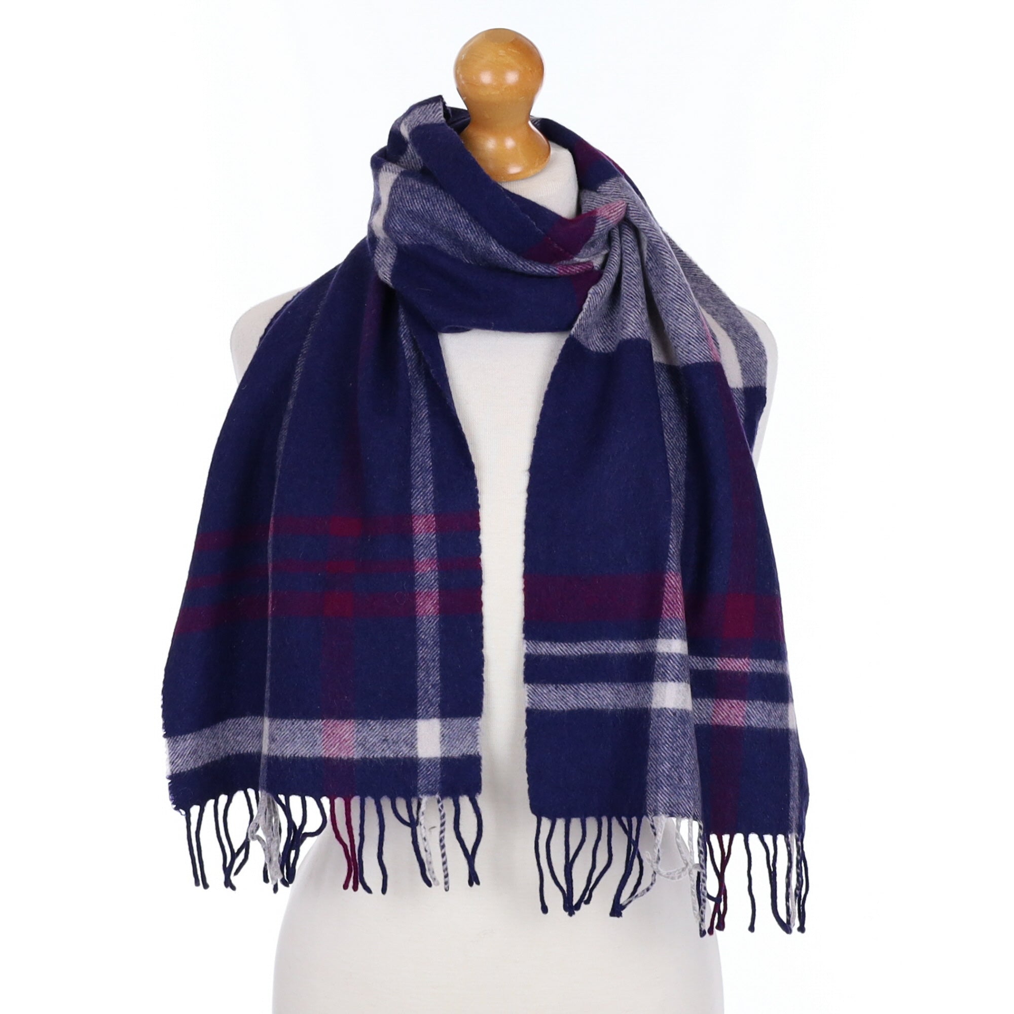 Navy and Plum Check Cashmere Tasseled Woven Scarf