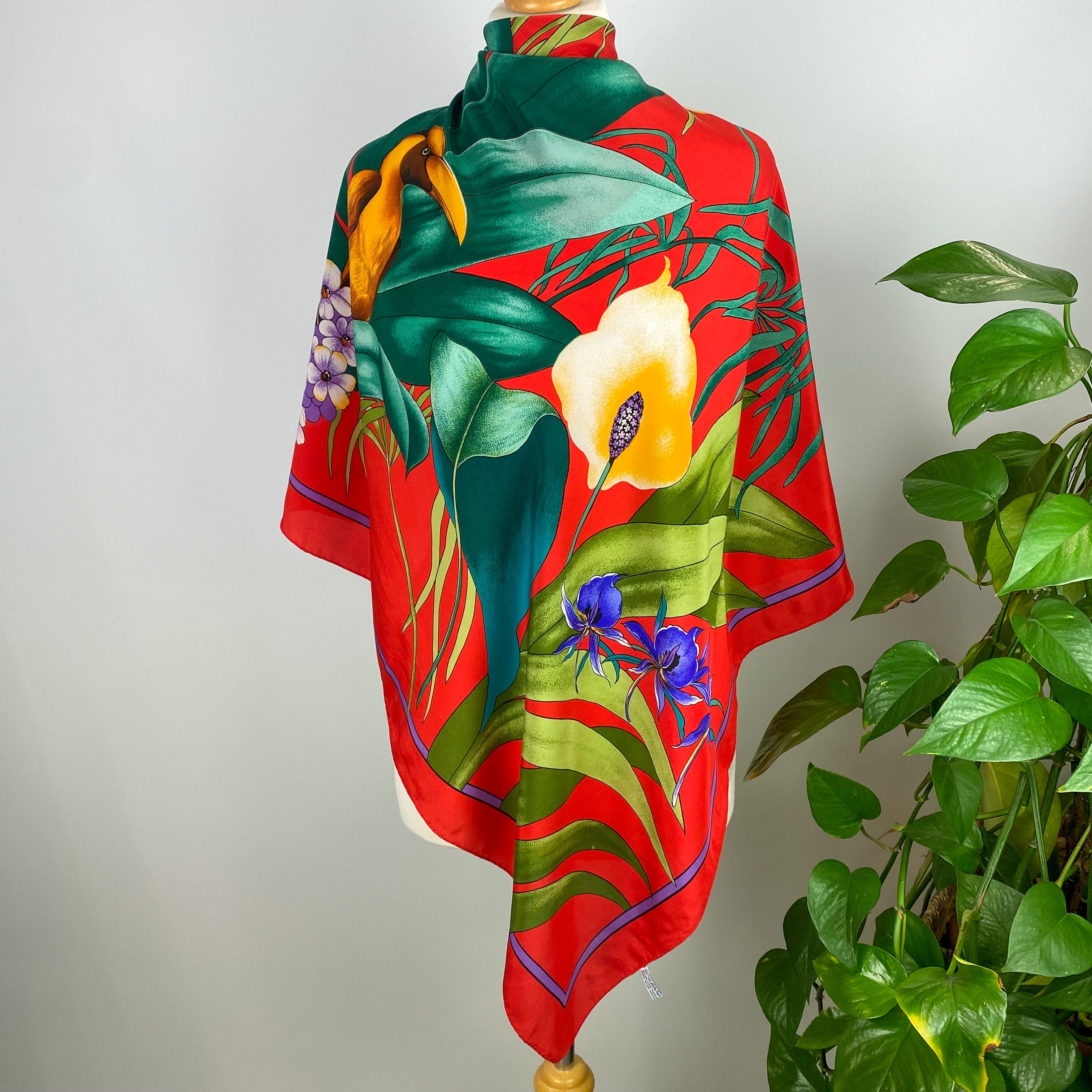 Red Botanical Vintage Silk Scarf