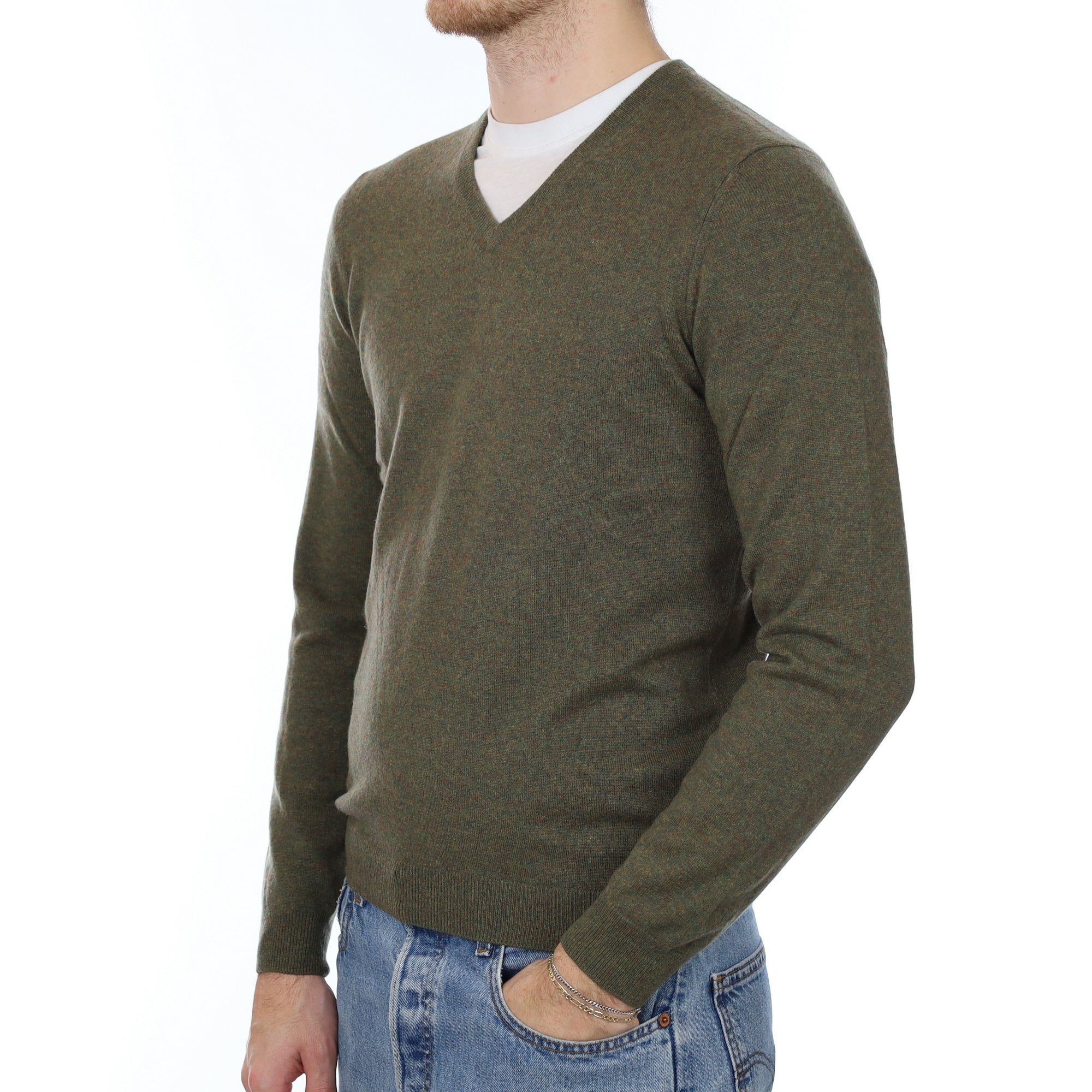 Men's Khaki Green Cashmere V Neck Jumper Medium