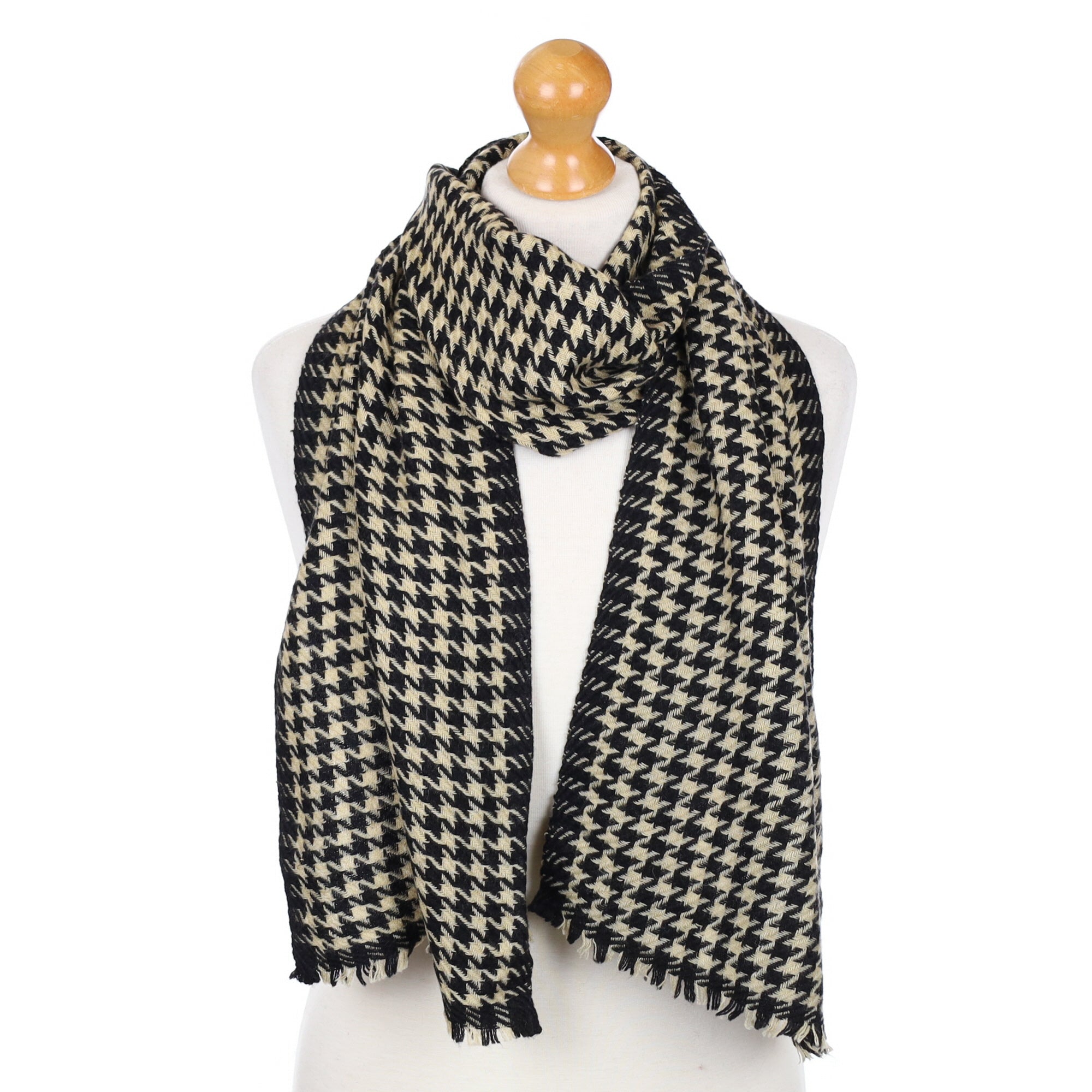 Black and Beige Dogtooth Fringed Cashmere Woven Scarf