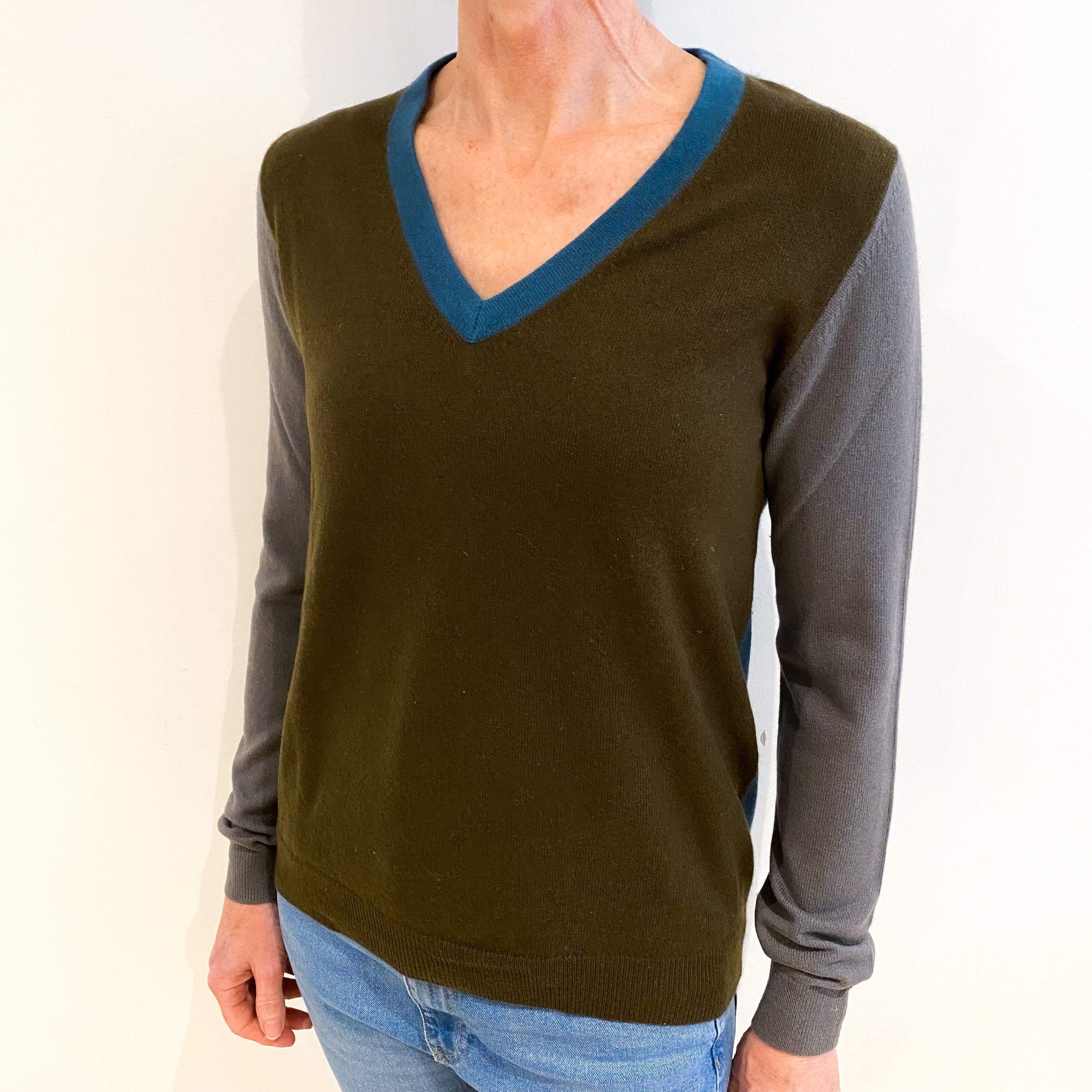 Khaki Colour Block Cashmere V Neck Jumper Small