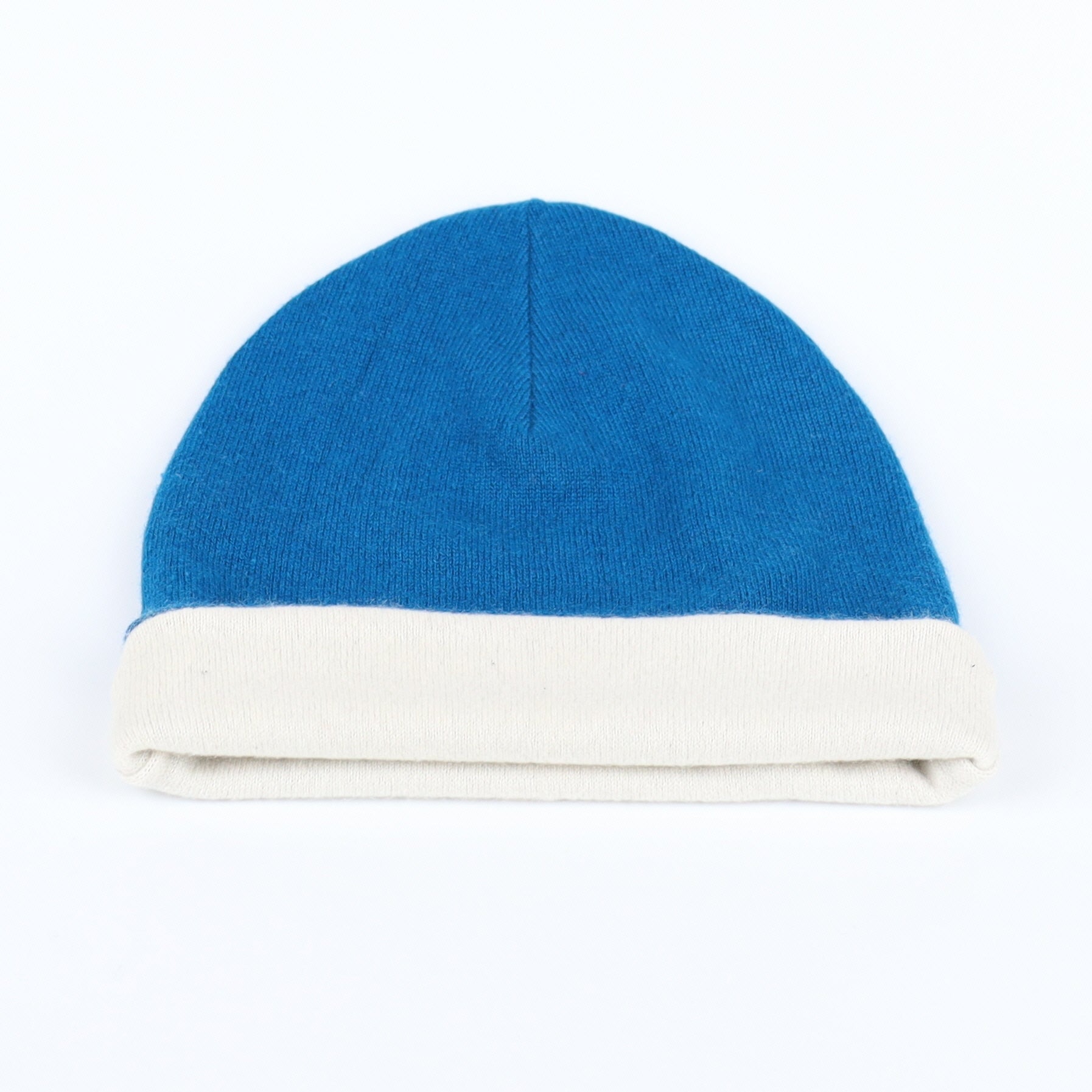 Peacock Blue and Cream Reversible Cashmere Beanie Hat