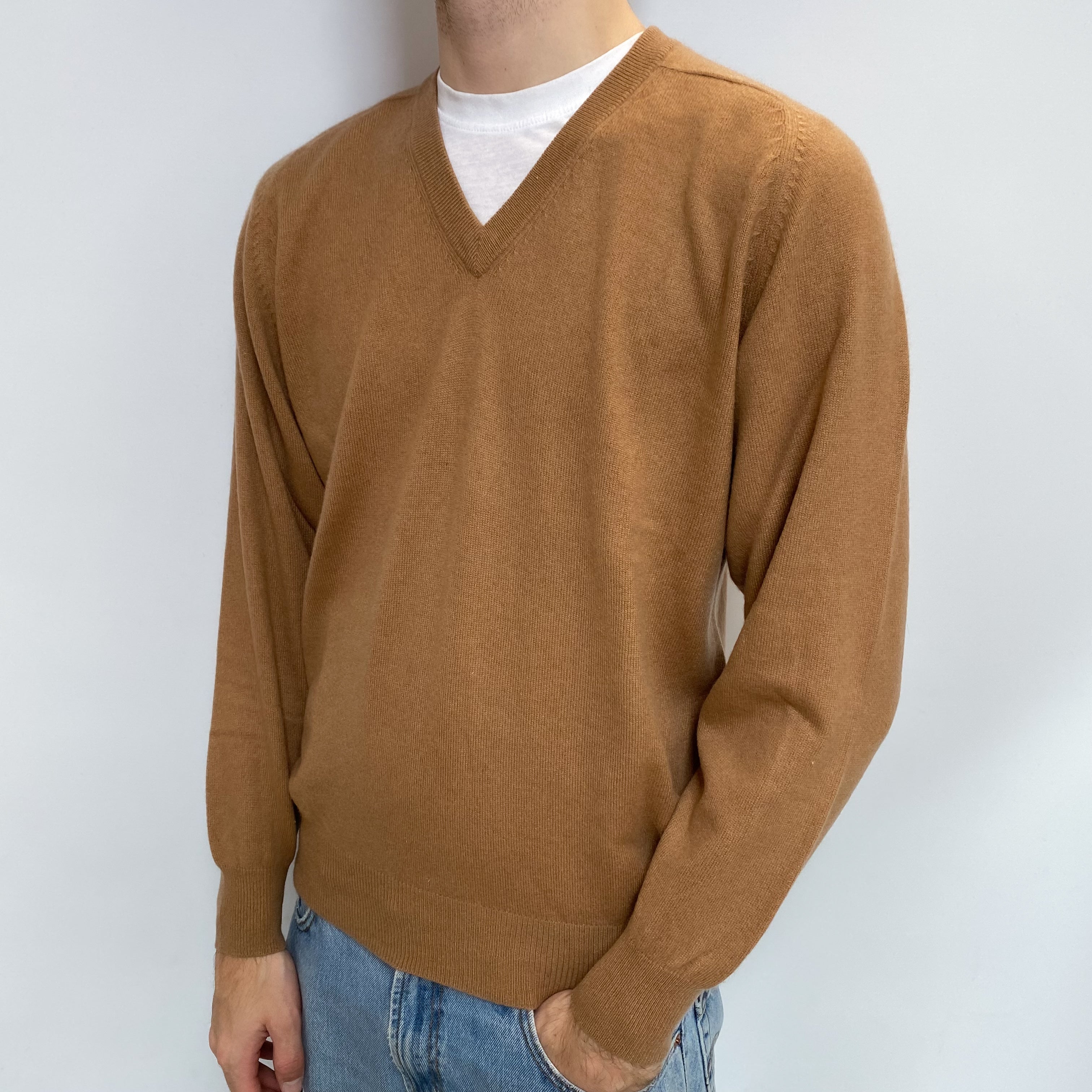 Men's Butterscotch Brown Cashmere V Neck Jumper Large