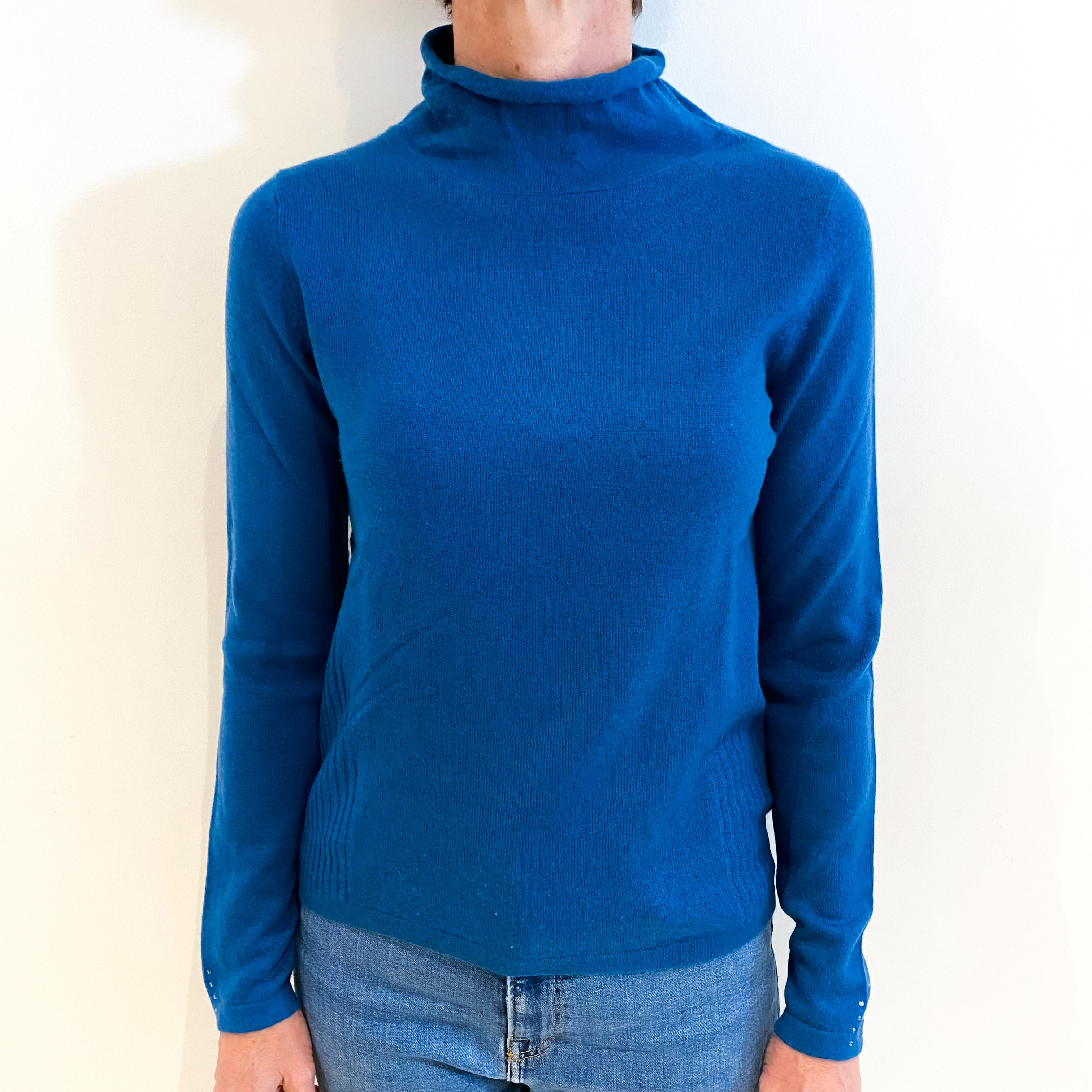 Peacock Blue Cashmere Funnel Neck Jumper Small