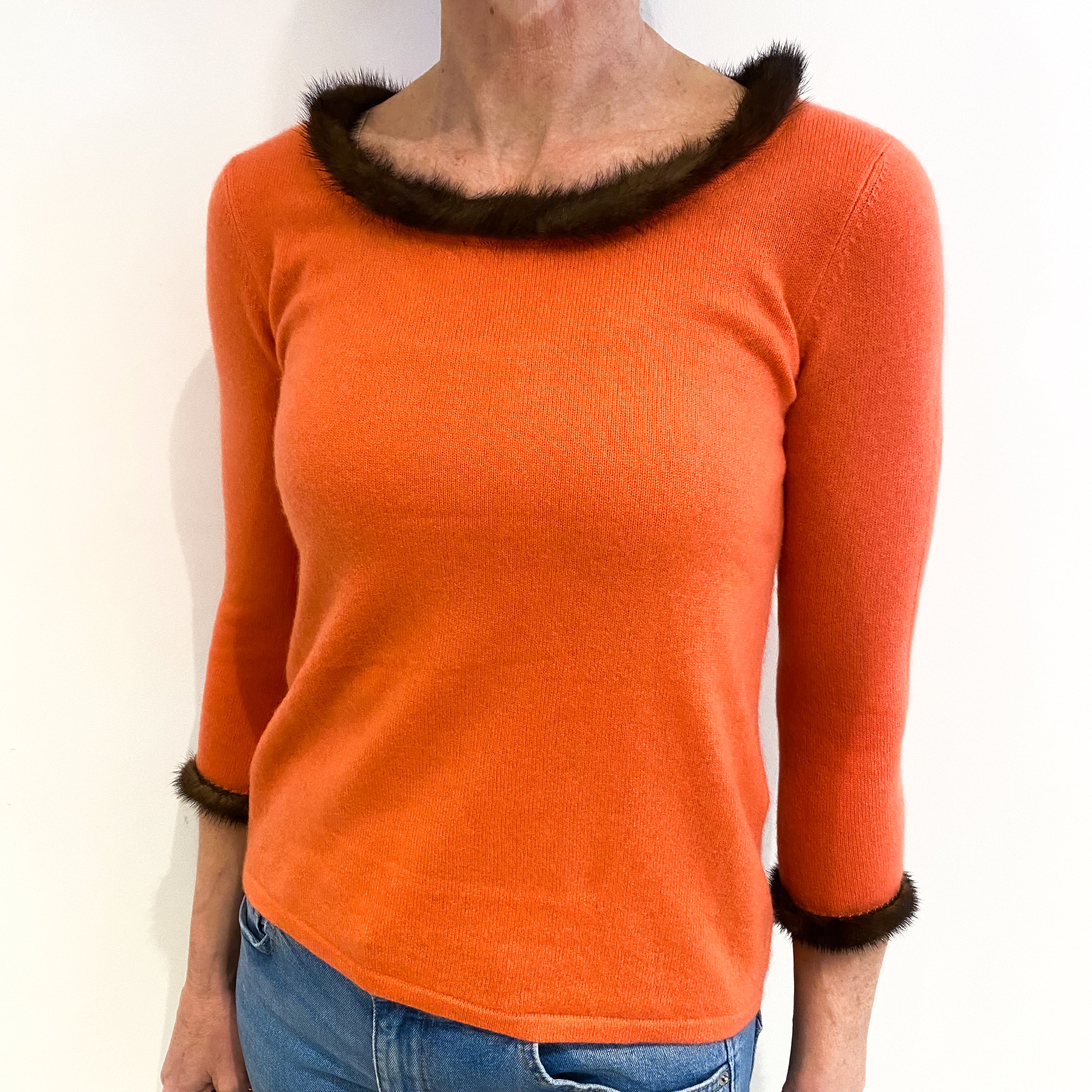 Coral Orange Cashmere Crew Neck Jumper Small