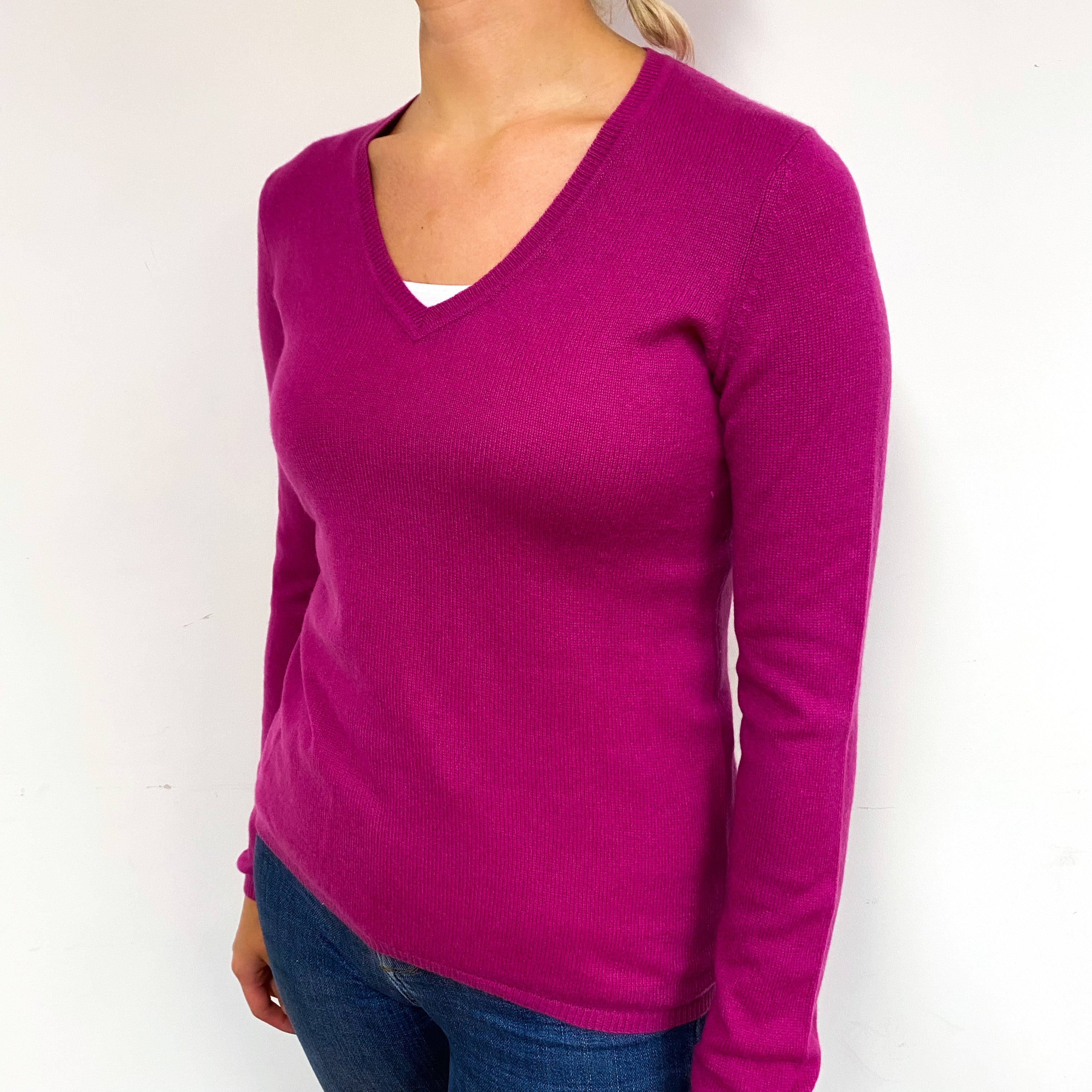 Magenta Pink Cashmere V-Neck Jumper Small