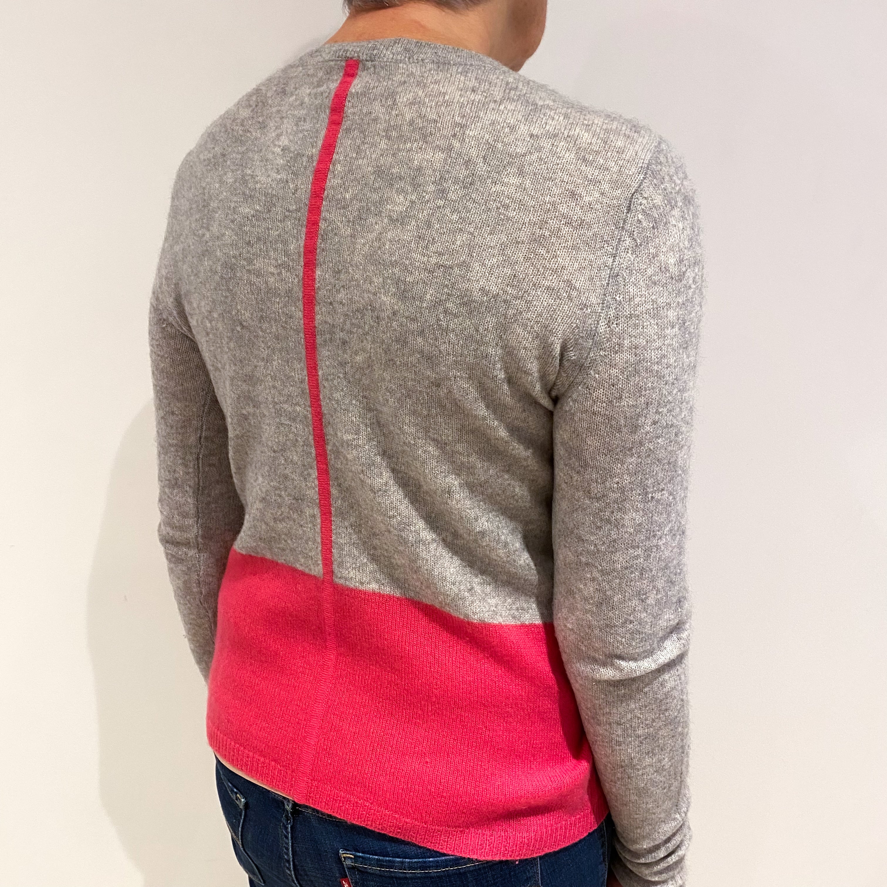 Smoke Grey and Hot Pink Cashmere Crew Neck Jumper Medium