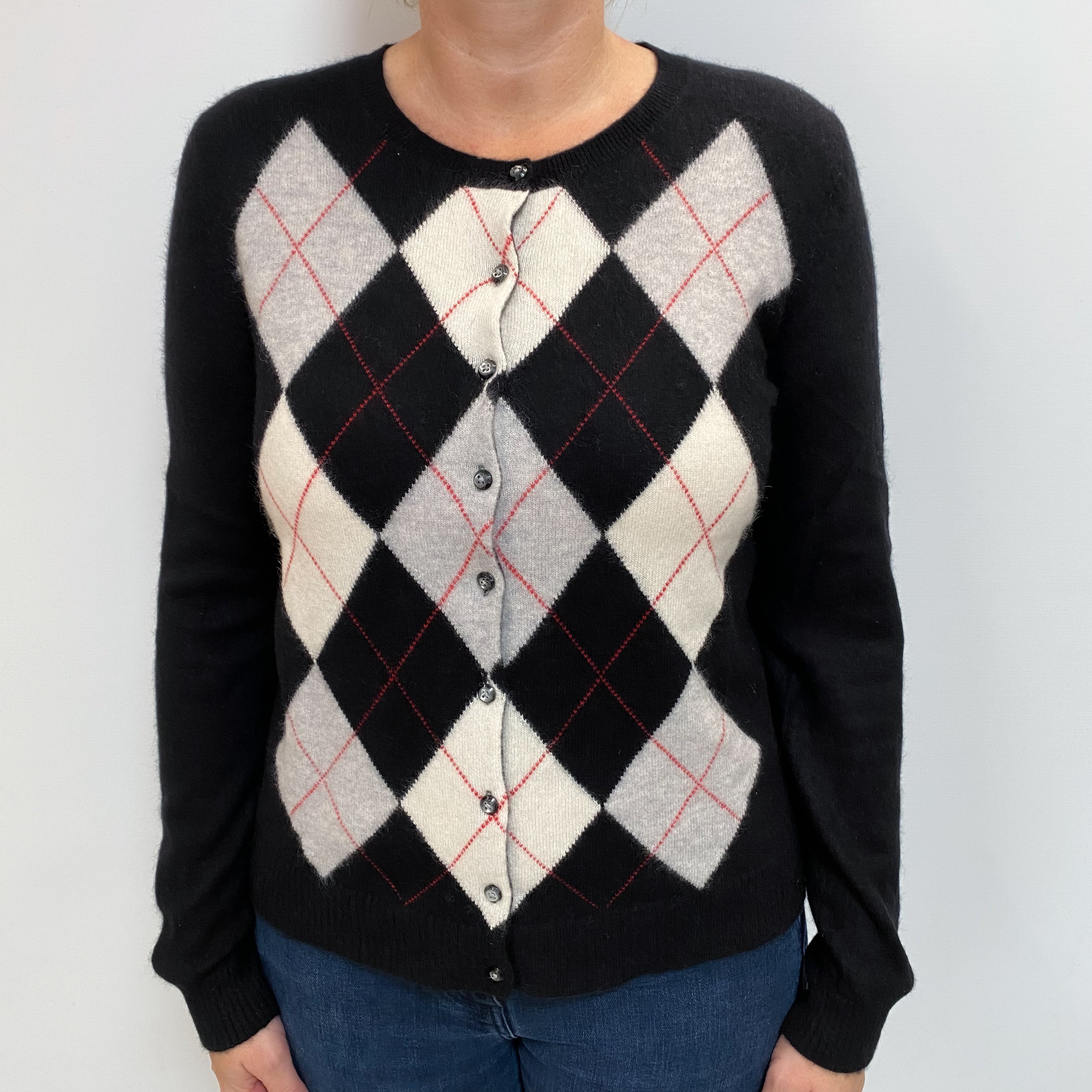 Black Argyle Cashmere Crew Cardigan Large