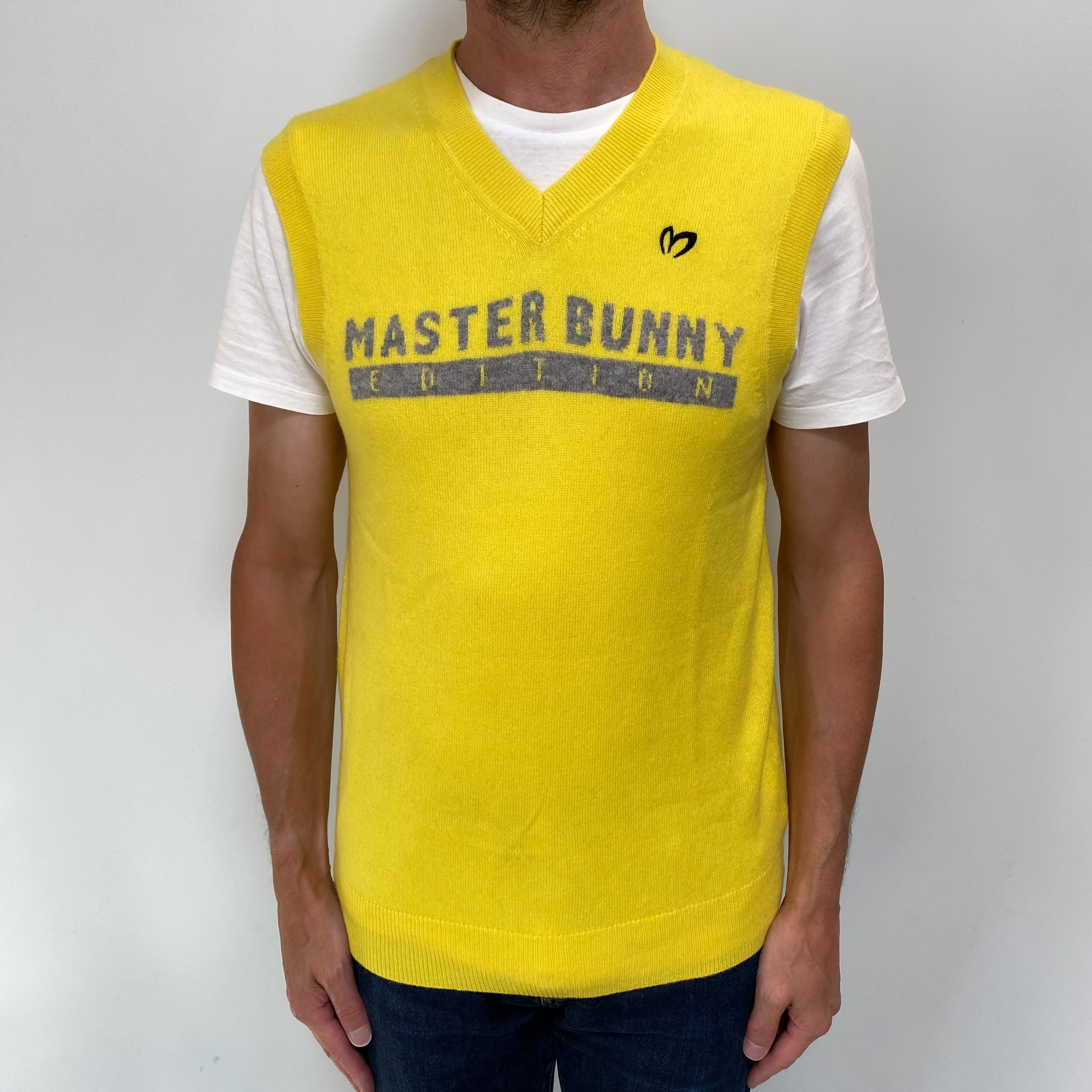 Men's Canary Yellow ‘Master Bunny’ Cashmere Sleeveless V Neck Jumper Small