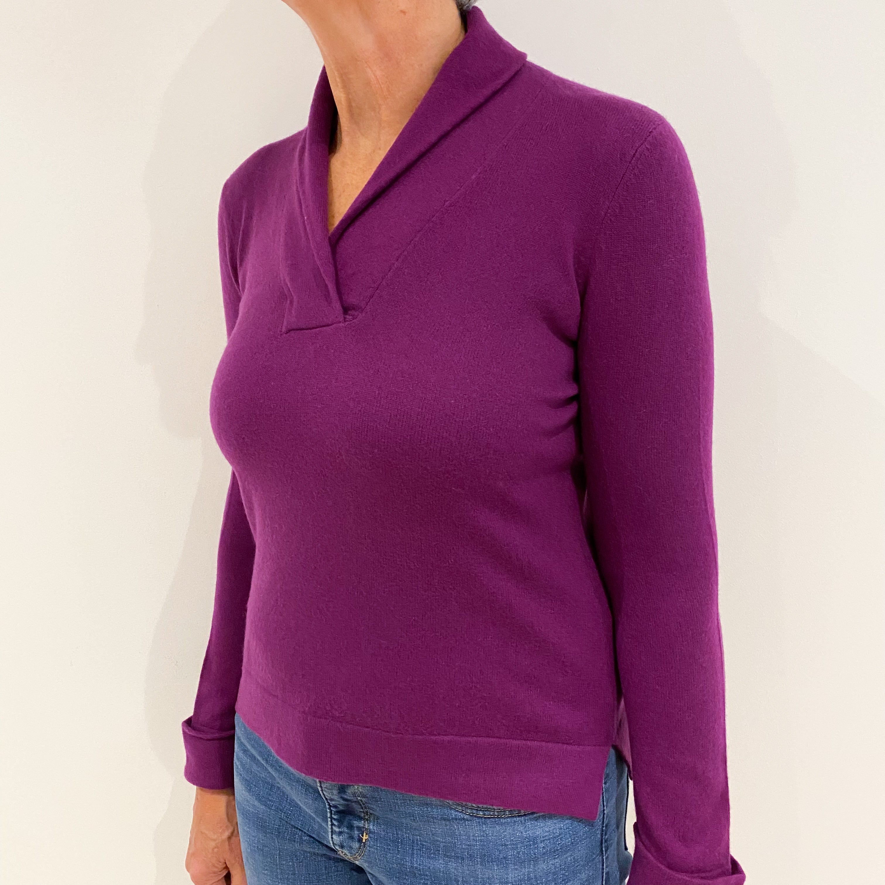 Viola Purple Cashmere Collared V-Neck Jumper Medium