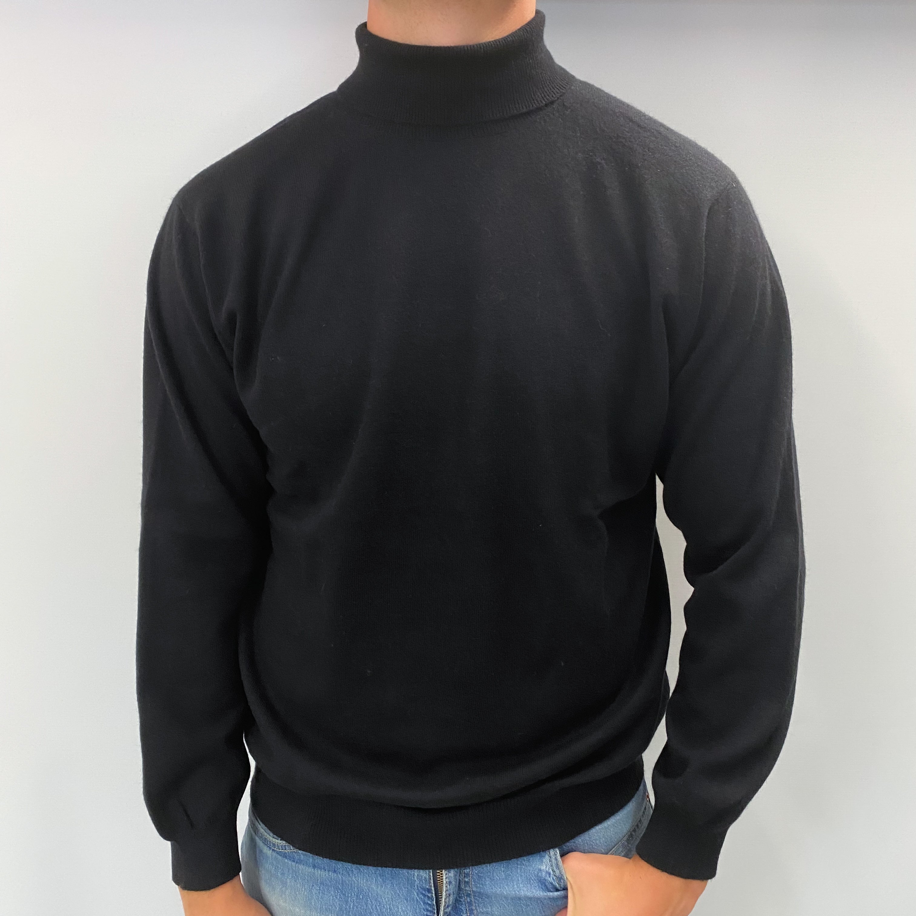 Men's Black Cashmere Polo Neck Jumper XL