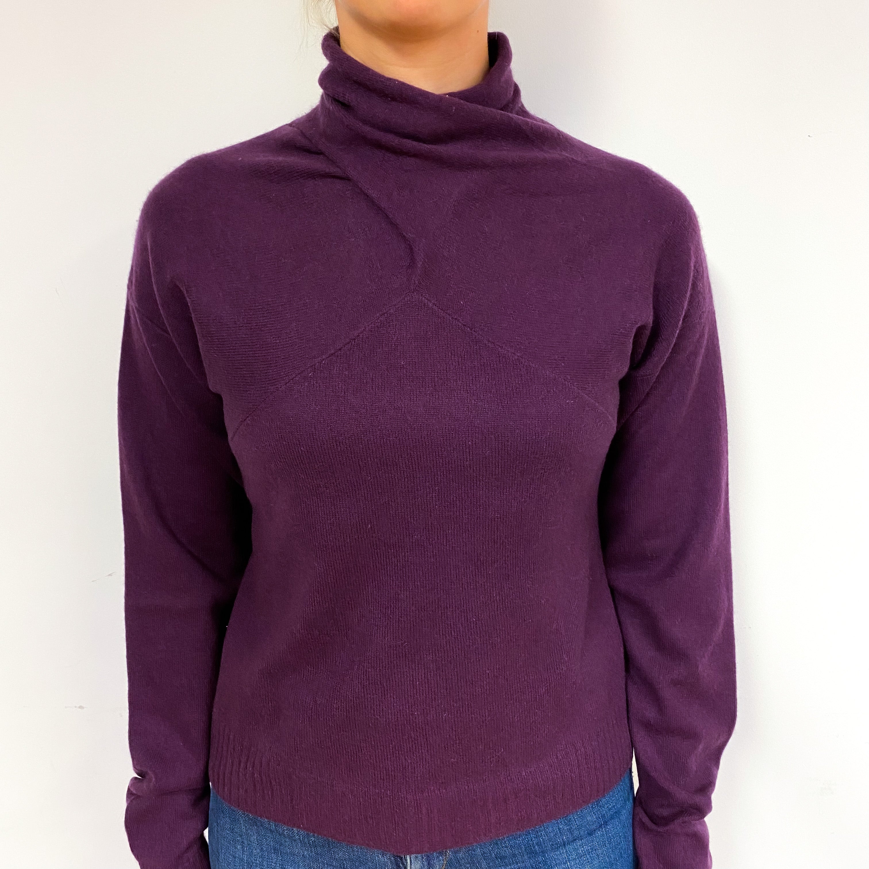 Plum Purple Cashmere Ruched Turtle Neck Jumper Small