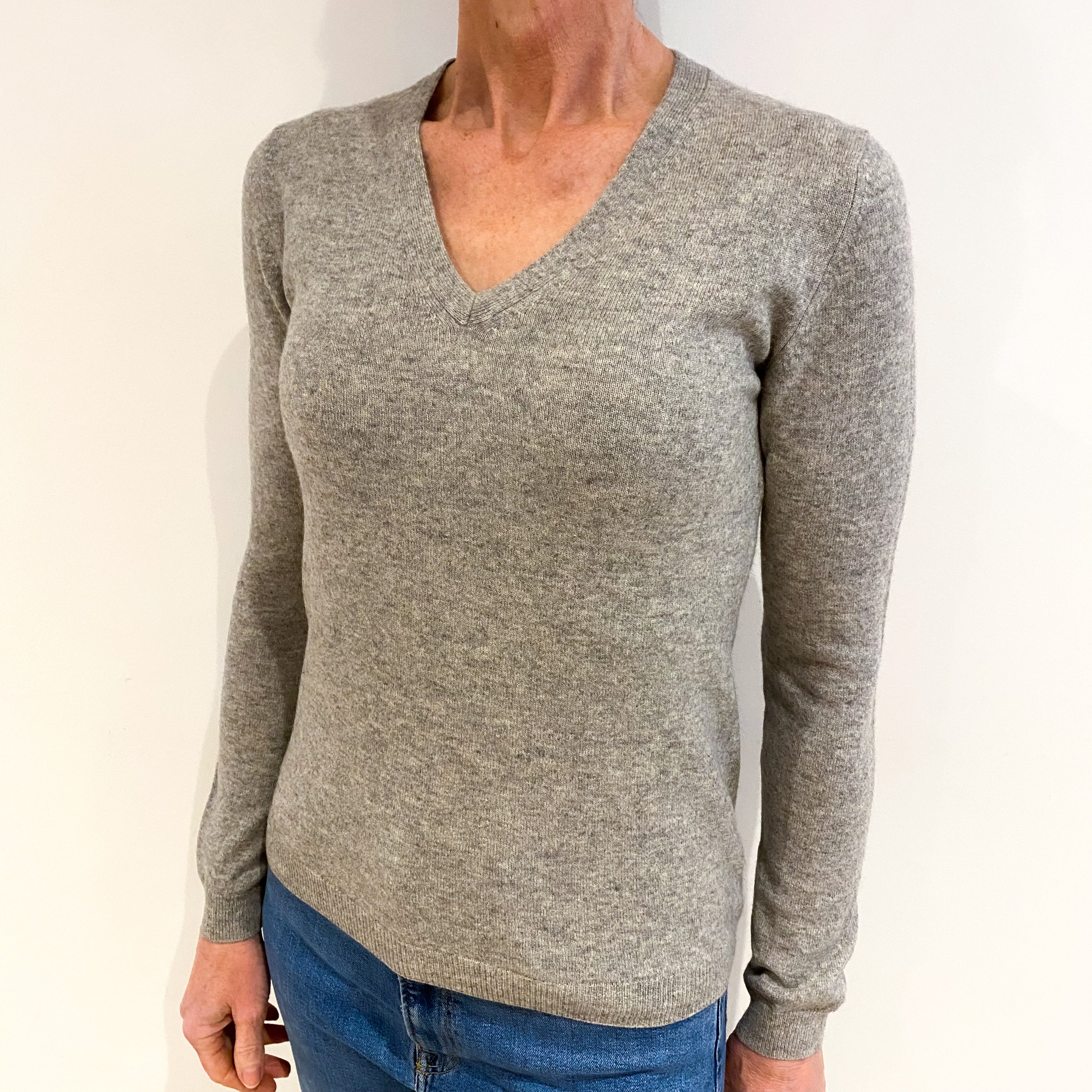 Smoke Grey Cashmere V Neck Jumper Small