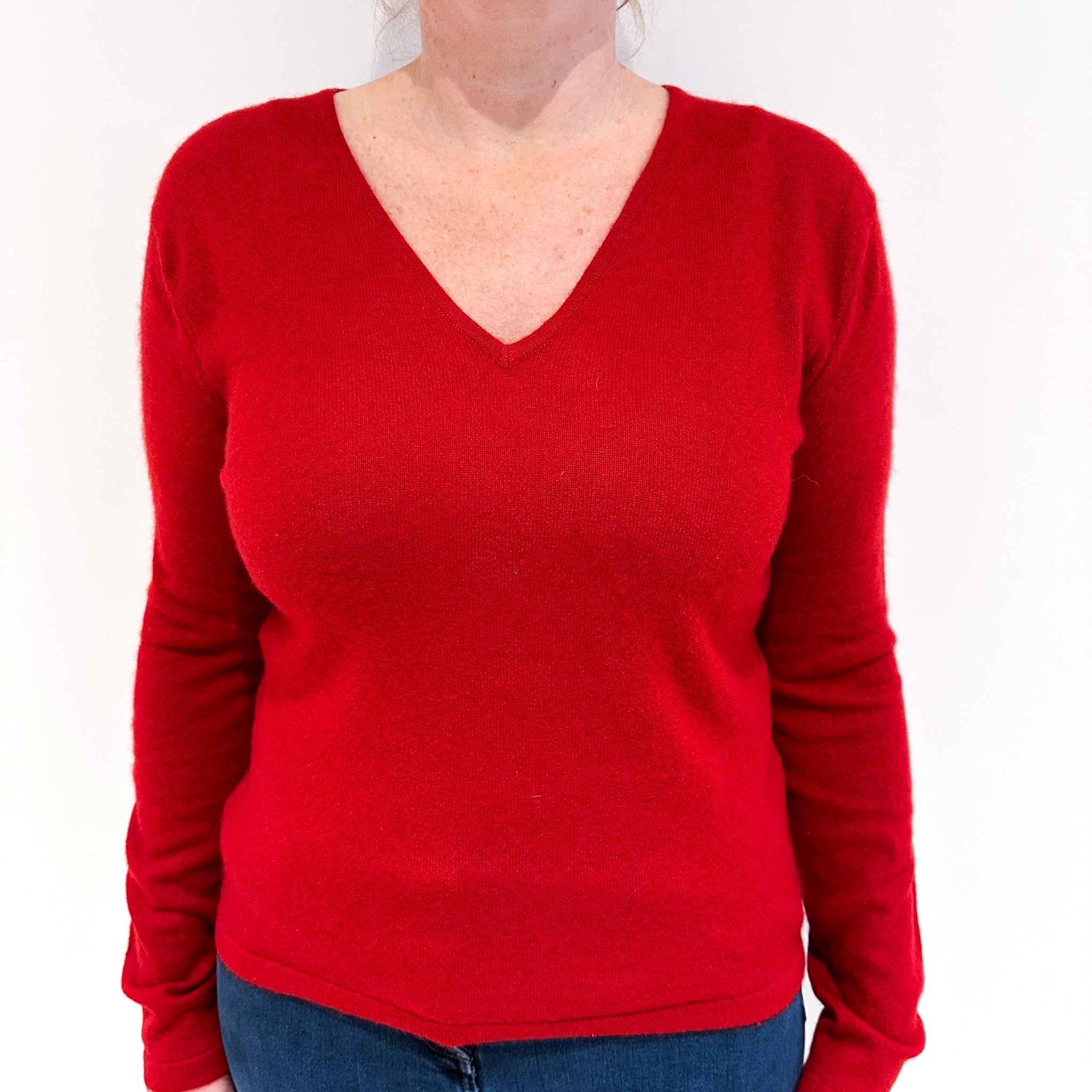 Vermillion Red Cashmere V-Neck Jumper Large