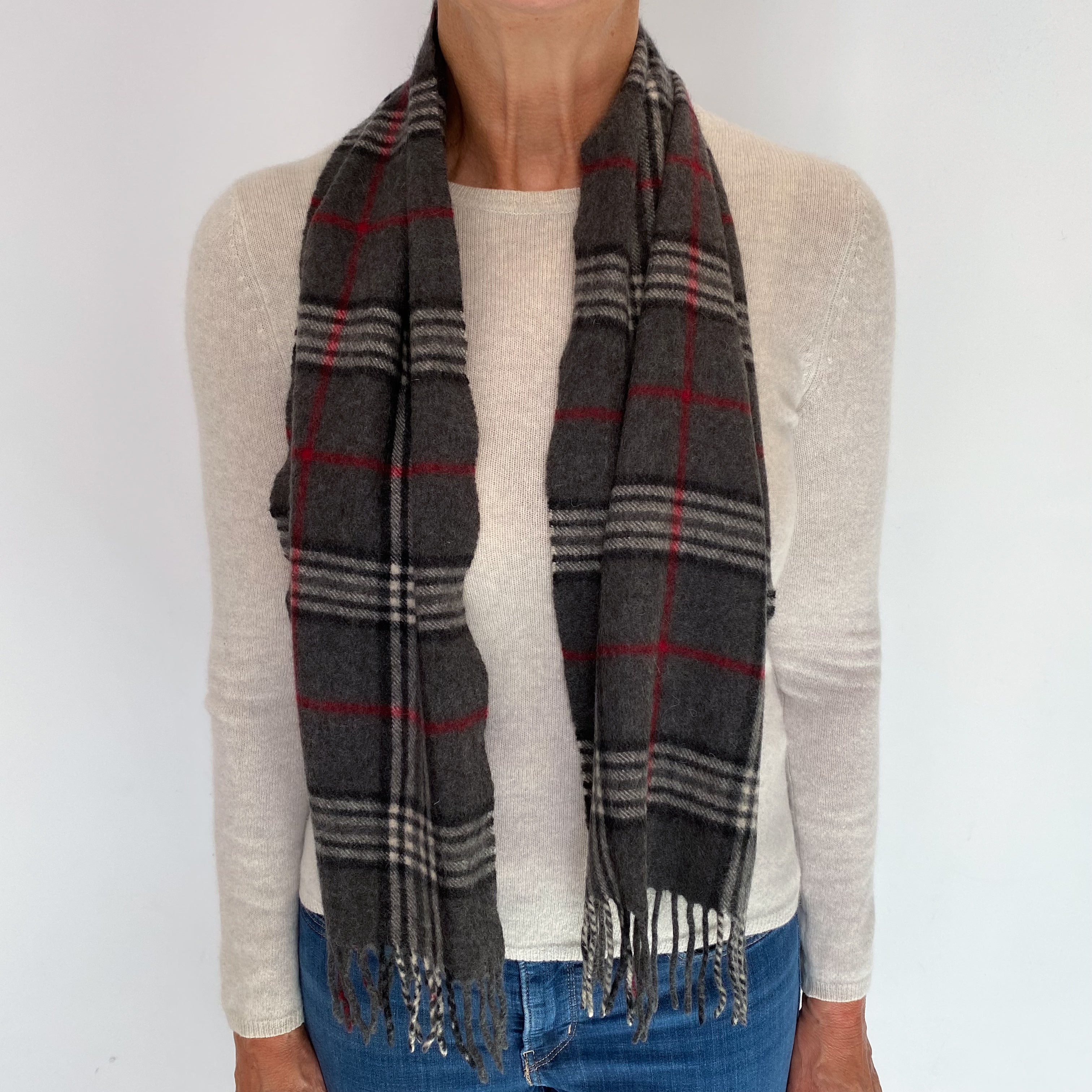 Dark Grey Red Checked Cashmere Woven Fringed Scarf