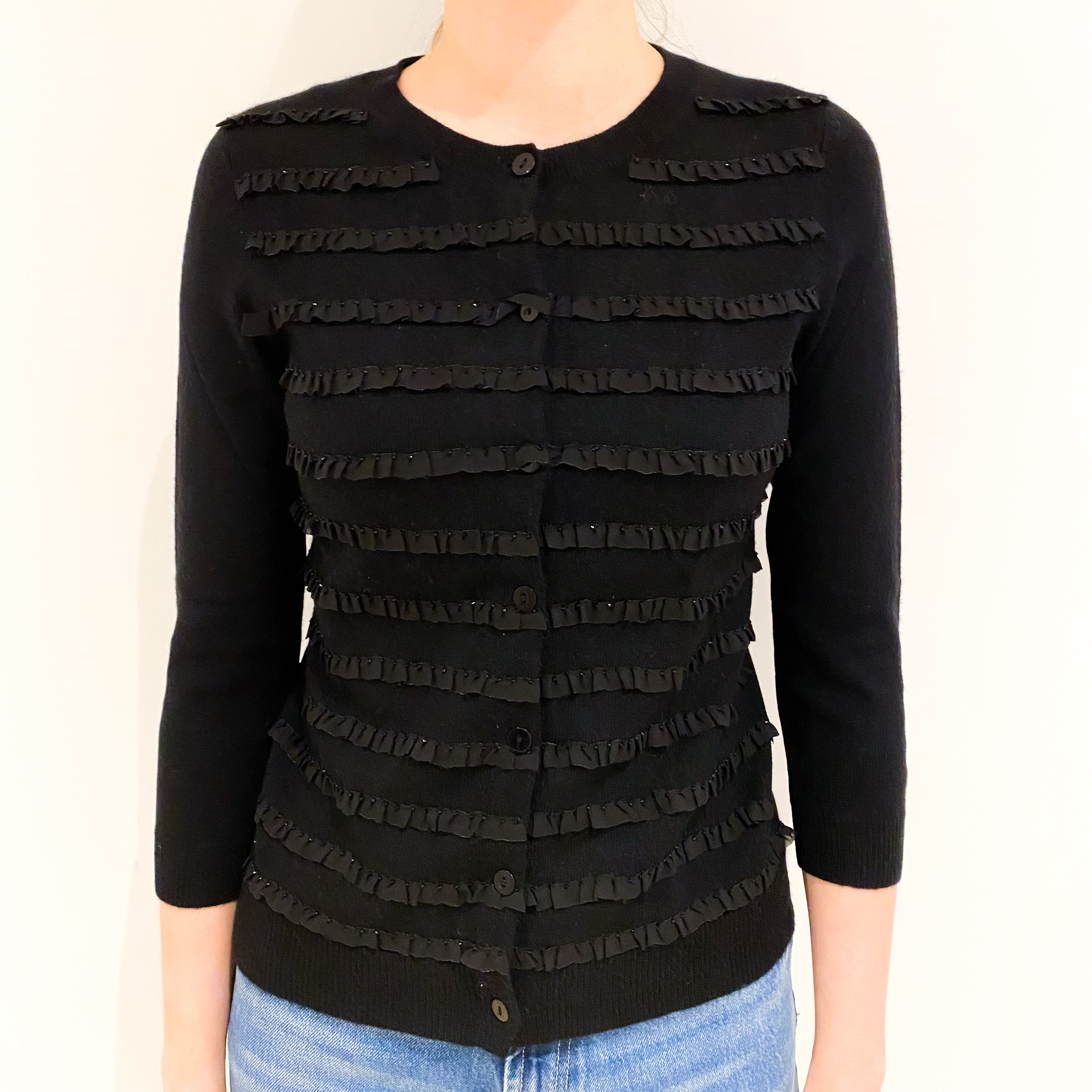 Black Frilly Crew Neck Cardigan Extra Small