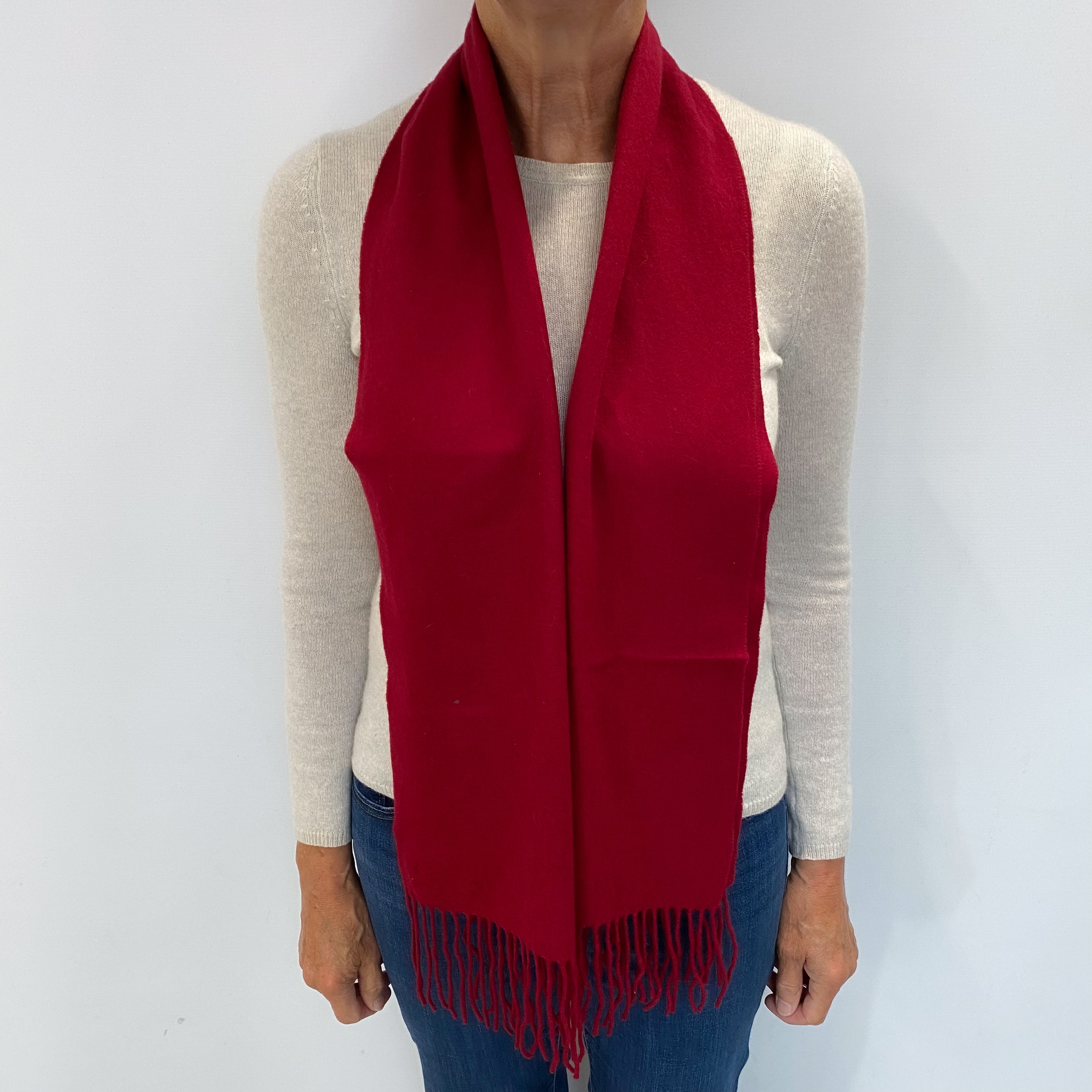 Crimson Red Cashmere Woven Fringed Scarf