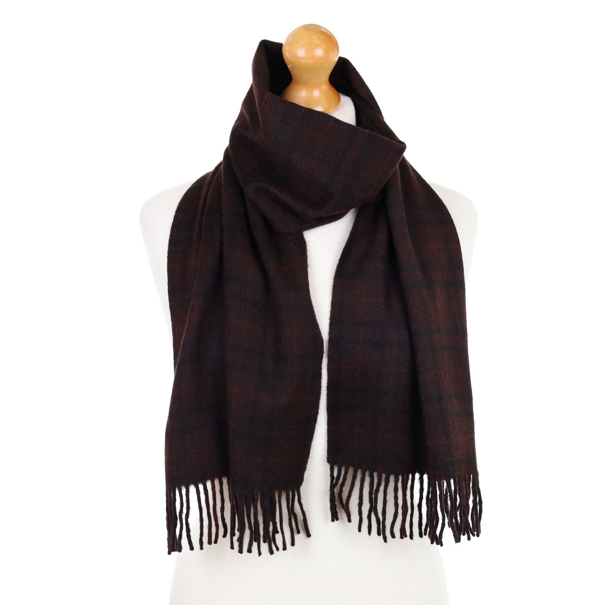 Brown and Black Checked Fringed Cashmere Woven Scarf