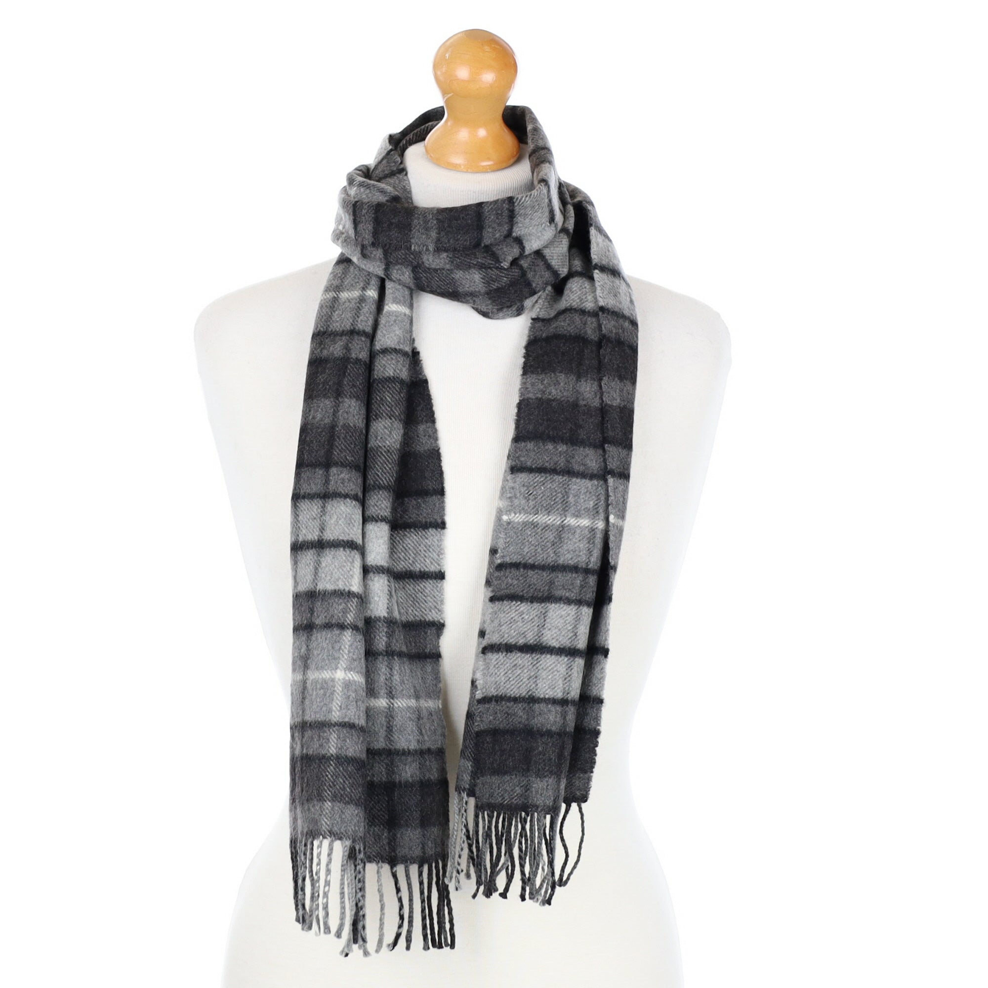 Scottish Grey Checked Cashmere Fringed Woven Scarf