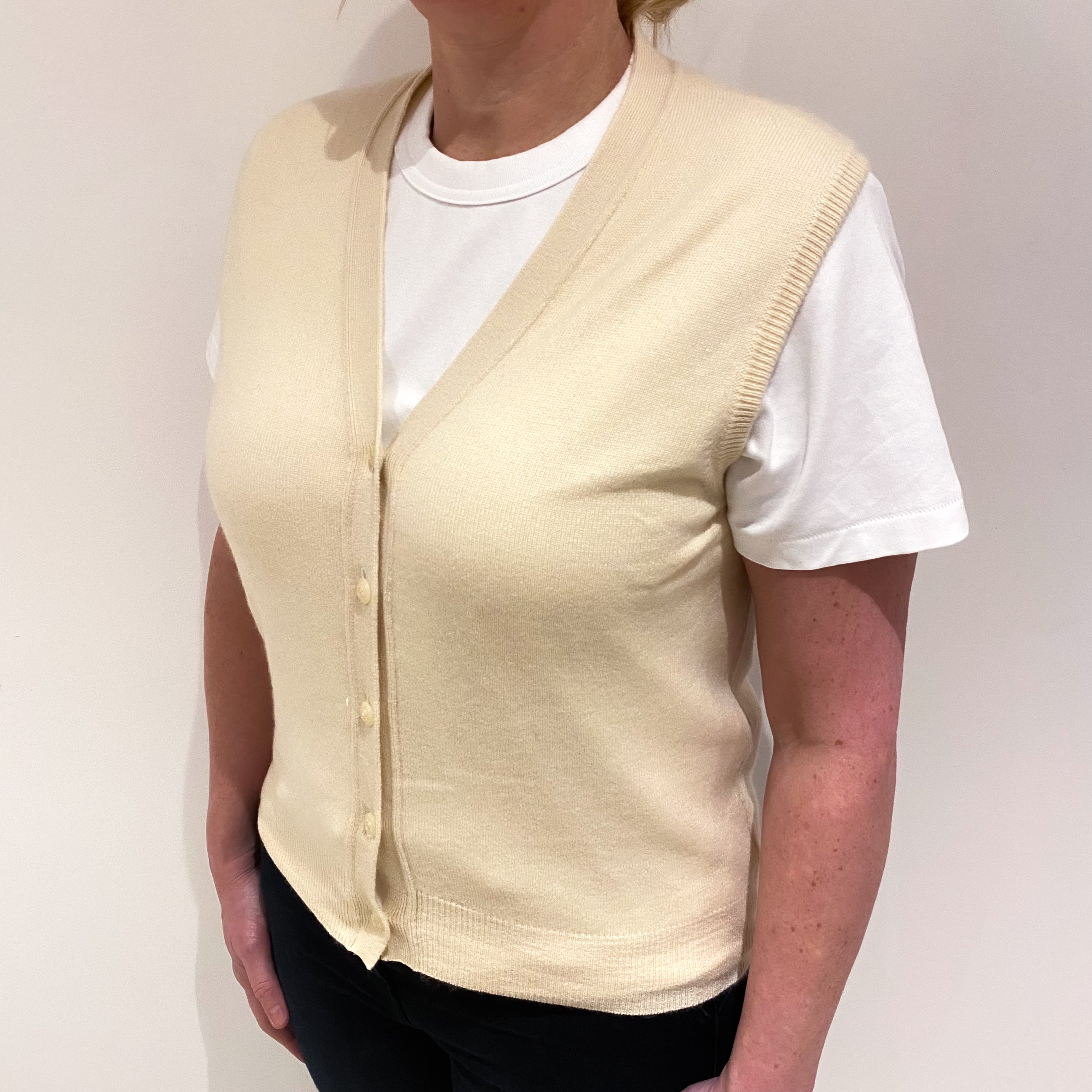 Vanilla Cream Cashmere V Neck Waistcoat Large