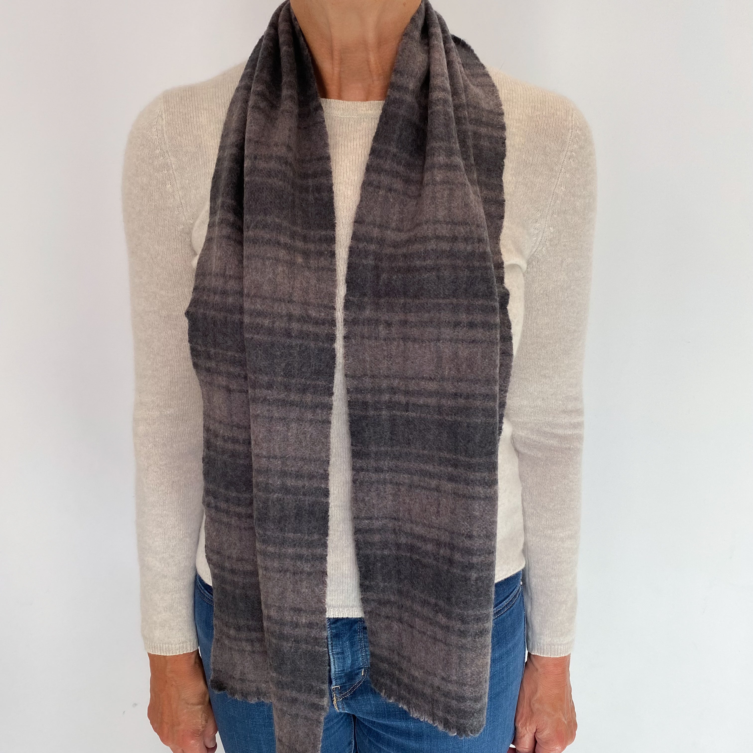 Grey and Blush Brown Checked Cashmere Woven Scarf