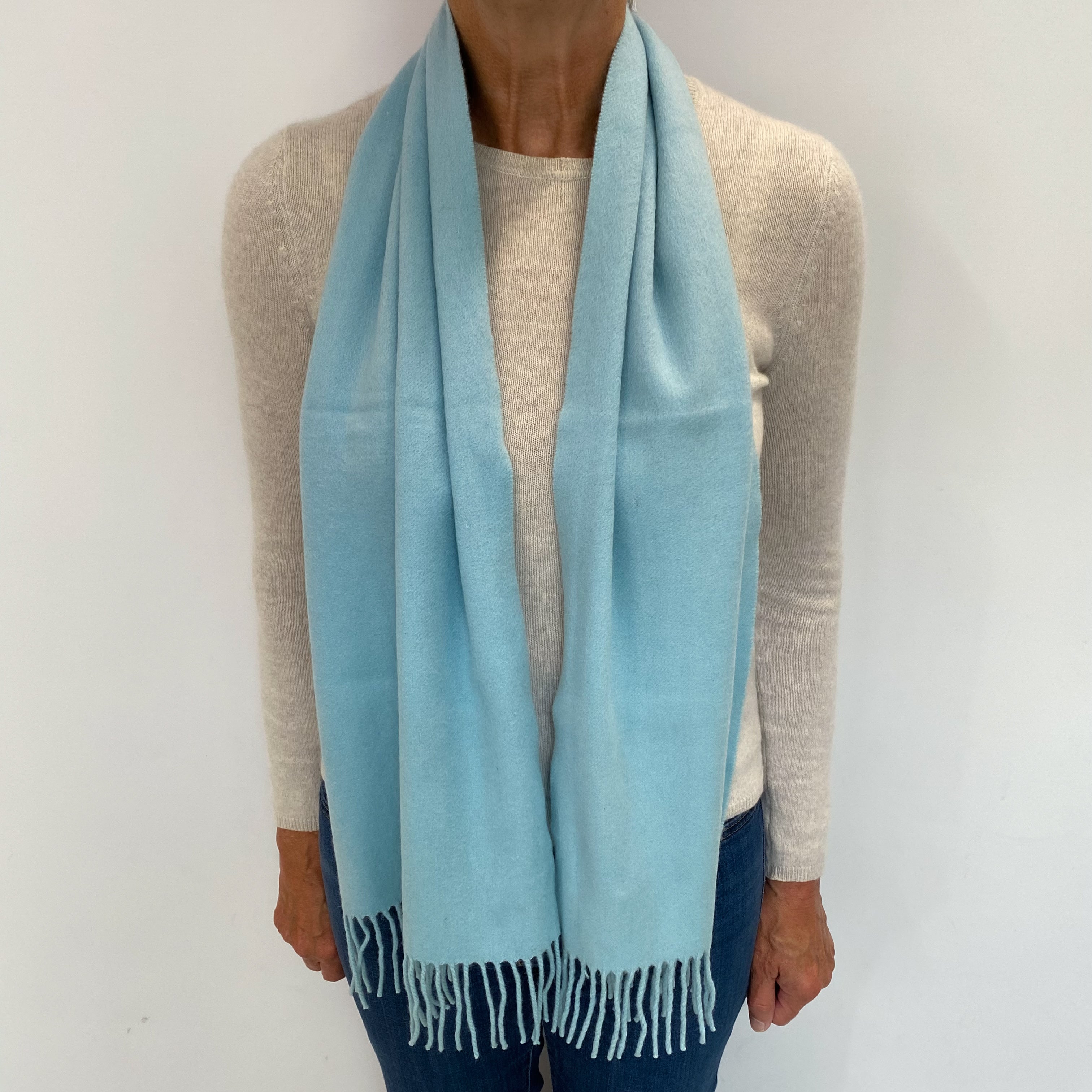 Opal Blue Cashmere Woven Fringed Scarf