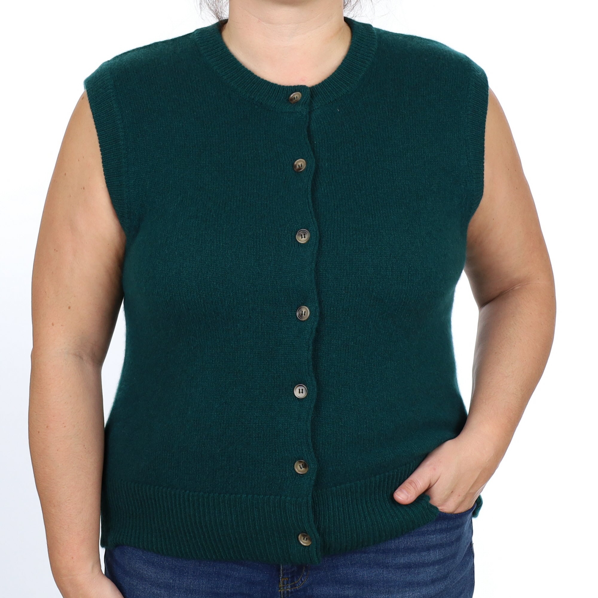 Brand New Forest Green Luxury Cashmere Crew Neck Waistcoat Large UK 16-18