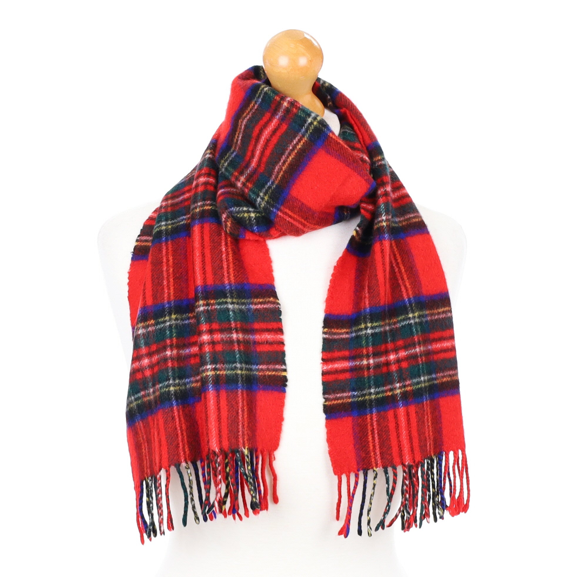 Scarlet Red Checked Fringed Cashmere Woven Scarf