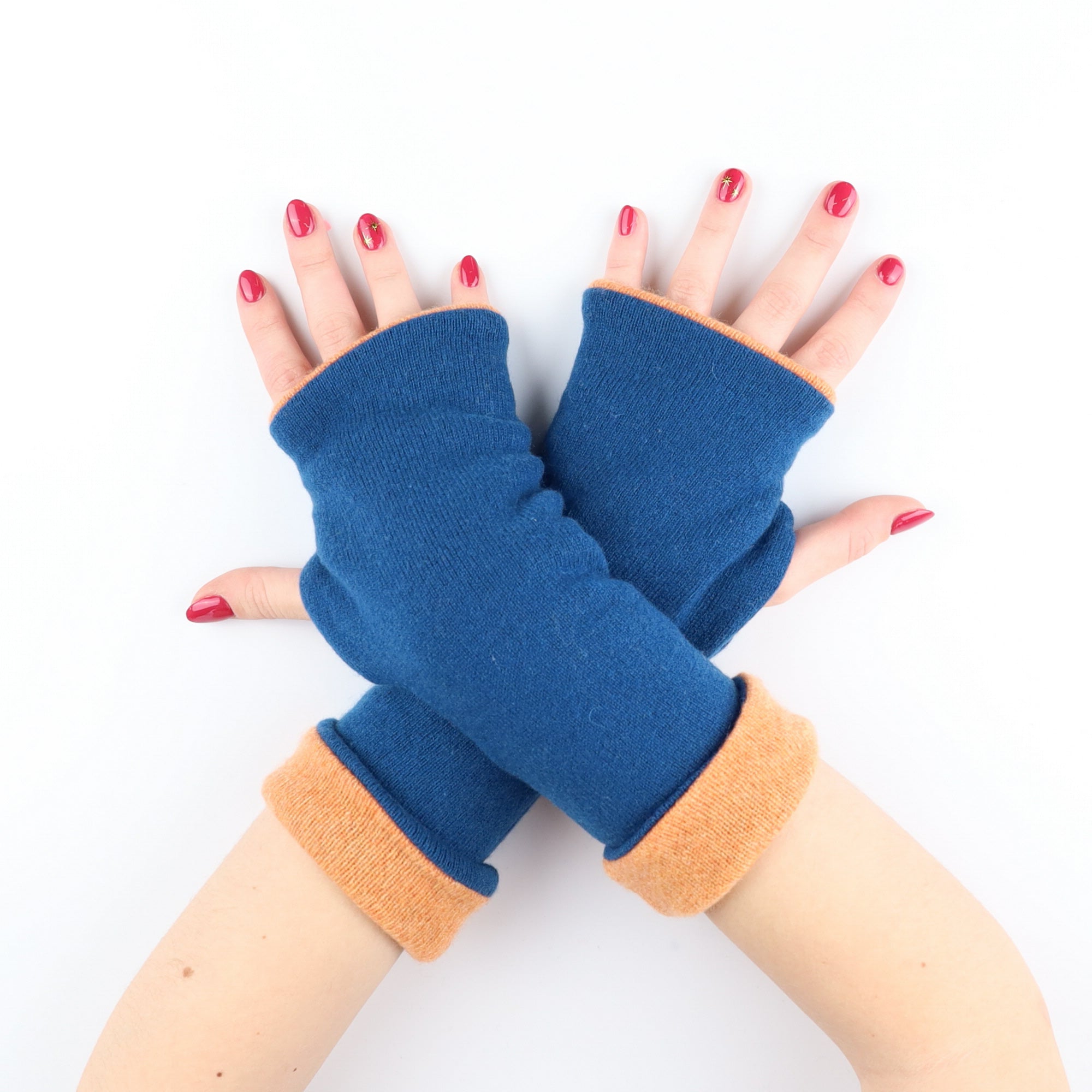 Peacock Blue and Orange Luxury Reversible Cashmere Fingerless Gloves