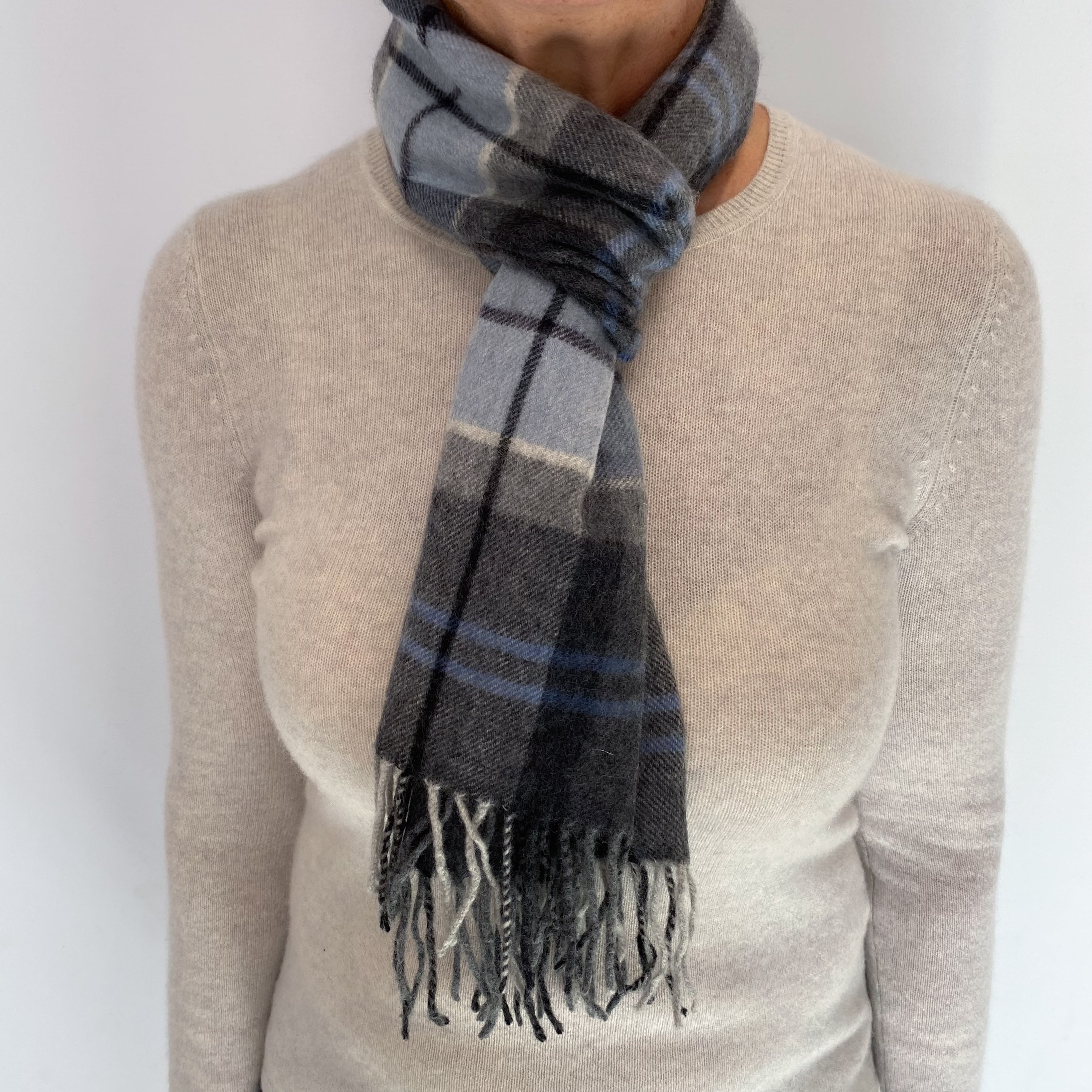 Grey and Blue Checked Cashmere Woven Fringed Scarf