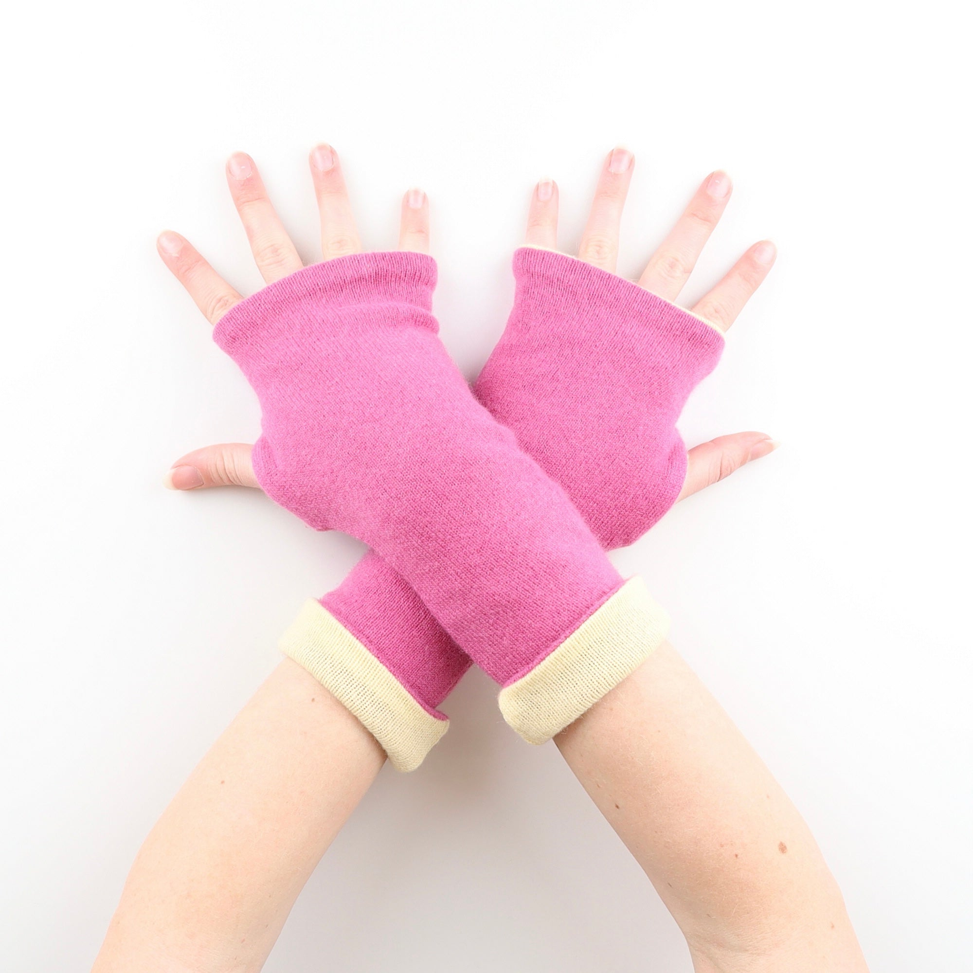 Raspberry and Pale Yellow Reversible Cashmere Fingerless Gloves