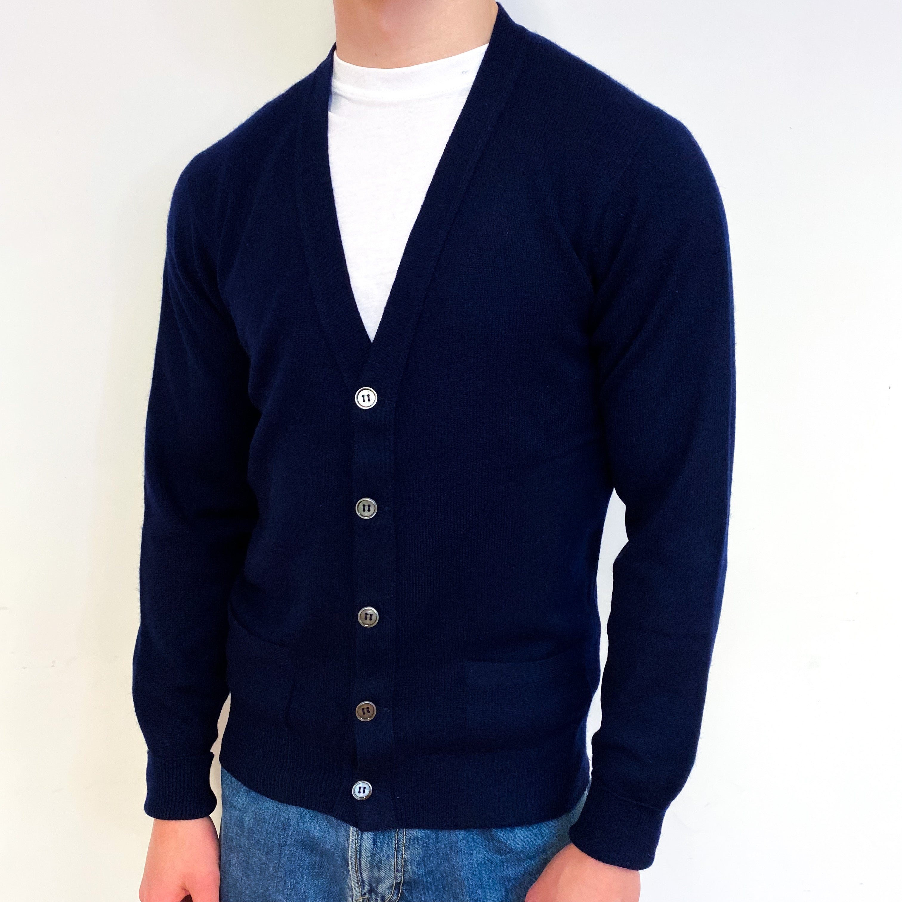 Men's Vintage Scottish Navy Cashmere V-Neck Cardigan Small