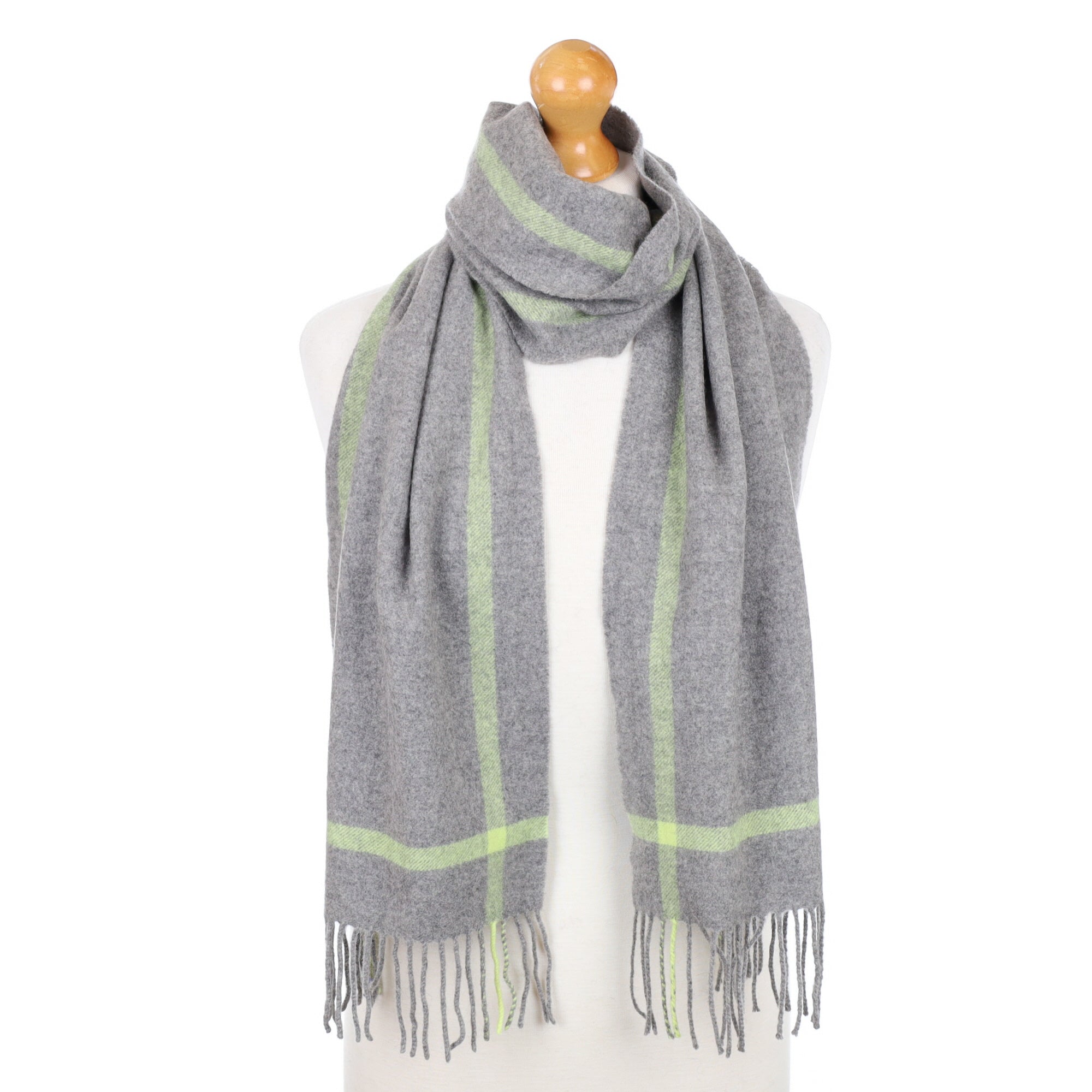 Smoke Grey and Green Fringed Cashmere Woven Scarf