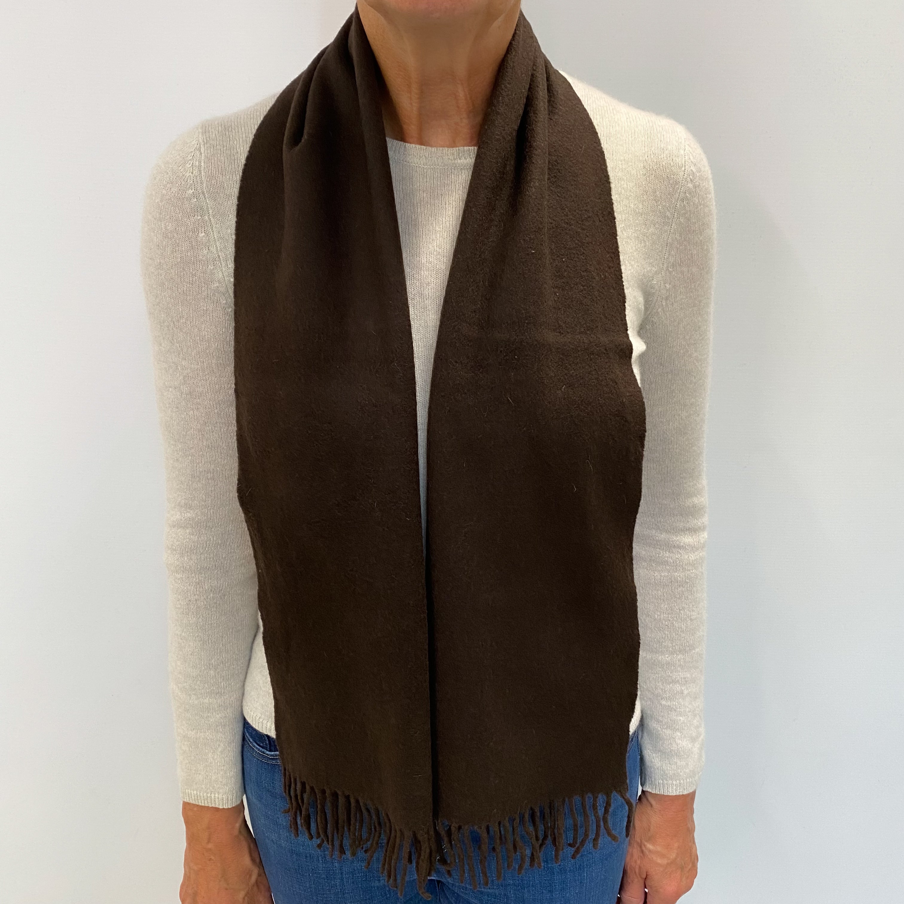 Dark Chocolate Brown Cashmere Woven Fringed Scarf