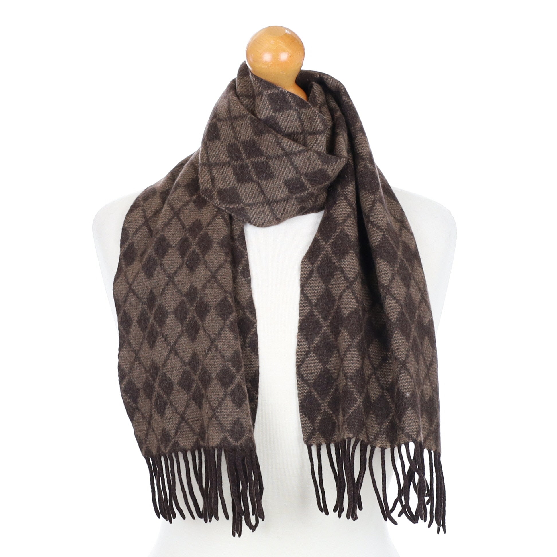 Brown Diamond Patterned Fringed Cashmere Woven Scarf